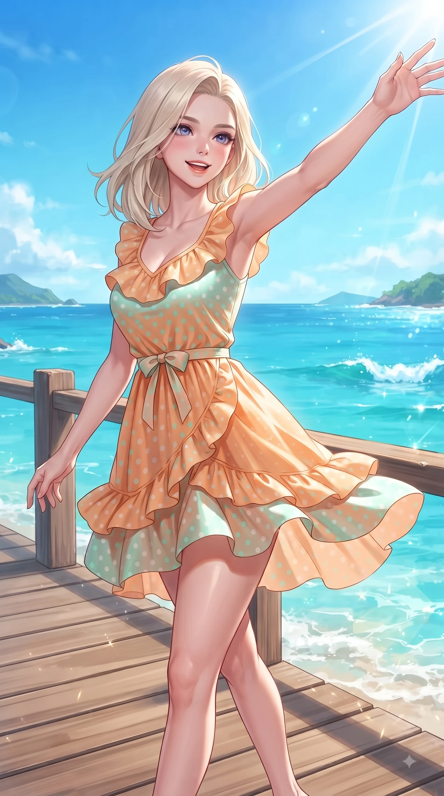 score_9, masterpiece, best quality, ultra-detailed, high-budget anime keyframe, editorial fashion photography, tasteful artistic composition, Caucasian woman. close-up cowboy shot from the waist and thighs up, the character dominates the composition, filling the frame with her large presence. Extending one arm in an elegant stretch toward the light while smiling with vibrant, youthful self-assurance while walking cheerfully along a coastal wooden boardwalk overlooking a turquoise ocean under a bright blue sky. The surrounding environment is rendered in vivid detail and crisp panoramic clarity. vibrant sea foam crests, coastal boardwalk wooden planks, and crisp blue skies in panoramic clarity. She has an exceptionally elegant, slender, and willowy female figure with an ultra-slim waist, a gracefully sculpted slender torso, and a refined silhouette. sharp v-shaped jawline, high-bridge nose, intricate jewel-like eyes with depth, thick eyelashes, glossy lips with a natural sheen, flawlessly proportioned anatomical accuracy, natural body alignment, perfectly sculpted elegant limbs, clean dynamic posture without body distortion. wearing a bright apricot ruffled sundress with a subtle polka-dot pattern in refreshing mint green and crisp white, crafted from soft breathable linen, accented with a dainty waist ribbon bow, the soft airy drape swaying gracefully with her dynamic movements. bathed in brilliant tropical sunshine and glittering ocean water refractions. ultra-reflective glossy finish, specular highlights, metallic sheen, high-contrast stereoscopic depth, volumetric dynamic lighting, 2k, ultra detail, master piece, 9:16 ratio