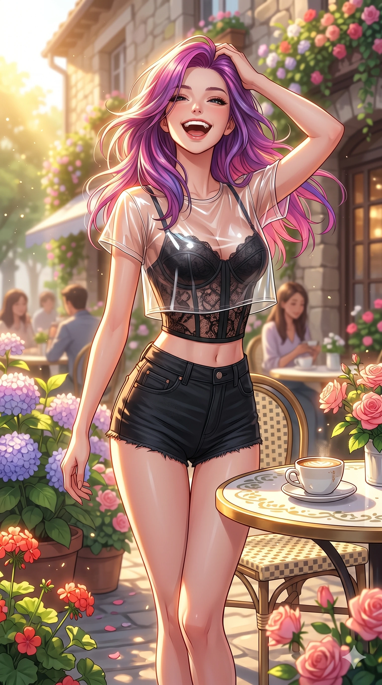 score_9, masterpiece, best quality, ultra-detailed, high-budget anime keyframe, vibrant anime aesthetic, Caucasian woman, strictly human ears. cowboy shot from the thighs up, character and outfit filling the frame for maximum presence. She is posing with a delightful grin, tossing her hair back with a happy laugh by a bright outdoor café table in the afternoon (Code-P20-122). She has an absolutely perfect 8-heads proportion, an exceptionally tall and slender female figure with impossibly long slender legs and an ultra-slim waist. V-shaped jawline, high-bridge nose, intricate jewel-like eyes with depth, thick eyelashes, glossy lips with a natural sheen. wearing a transparent vinyl crop top worn over a structured lace corset and micro-shorts. She is drenched in bright, golden afternoon sunshine that illuminates the spring flowers. 2k, ultra detail, master piece, 9:16 ratio