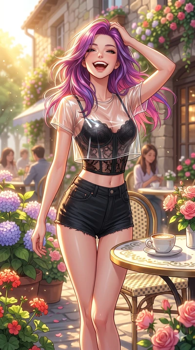 score_9, masterpiece, best quality, ultra-detailed, high-budget anime keyframe, vibrant anime aesthetic, Caucasian woman, strictly human ears. cowboy shot from the thighs up, character and outfit filling the frame for maximum presence. She is posing 