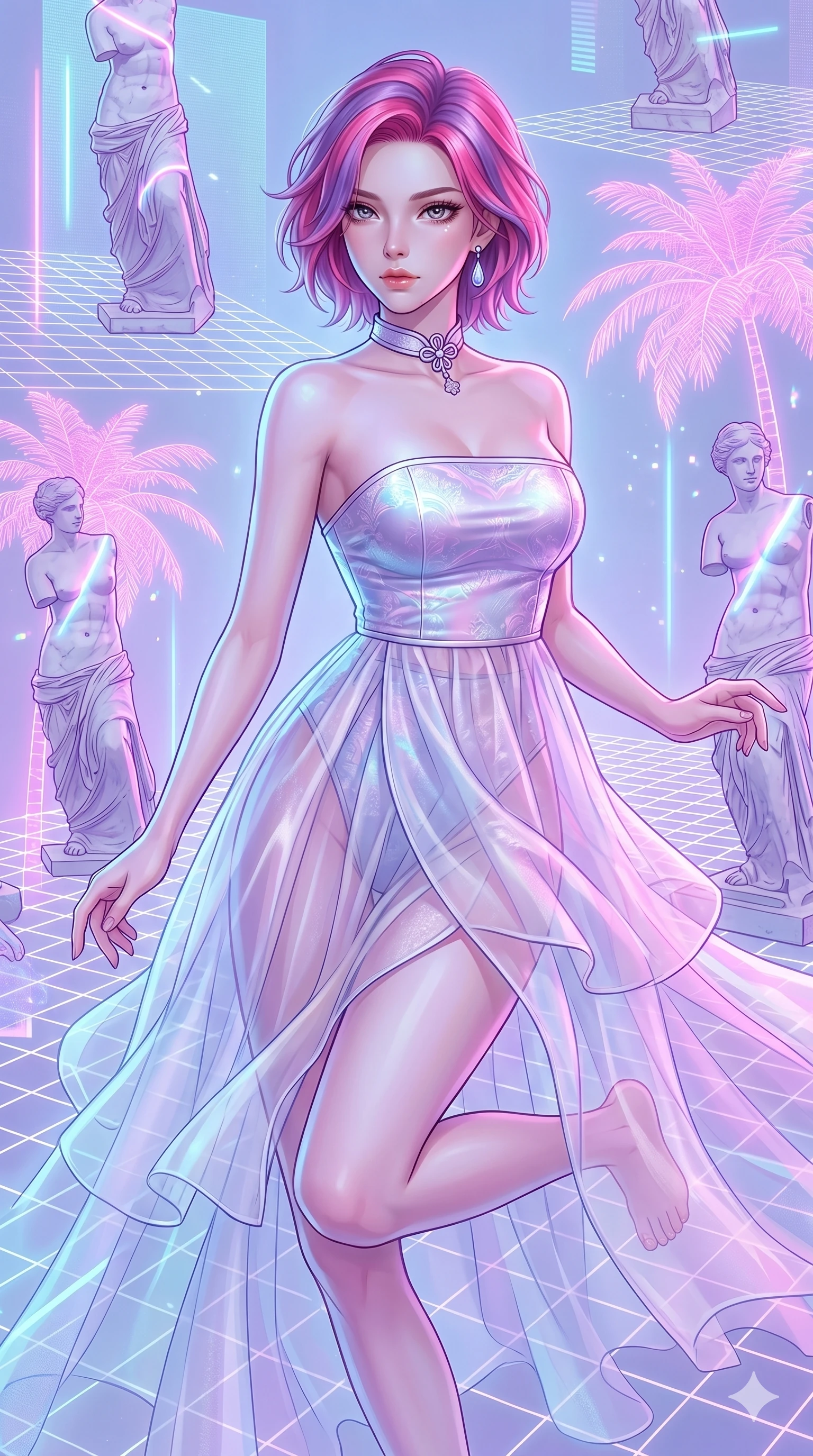 score_9, masterpiece, best quality, ultra-detailed, high-budget anime keyframe, Caucasian woman, strictly human ears. upper body close-up from the thighs up, character filling the screen for maximum presence. drifting through a holographic vaporwave oasis with floating grid floors, lo-fi marble statues, and glowing pink palms. She has an absolutely perfect 8-heads proportion, an exceptionally tall and slender female figure with impossibly long slender legs and an ultra-slim waist. V-shaped jawline, high-bridge nose, intricate jewel-like eyes with depth, thick eyelashes, glossy lips with a natural sheen.. wearing a modern fusion silk hanbok dress, featuring a silk bustier top, layered sheer organza skirts, and a traditional knot choker. enhanced by a luminous pastel spectrum glow, casting elegant rim lights on her shoulders and jawline. 2k, ultra detail, master piece, 9:16 ratio