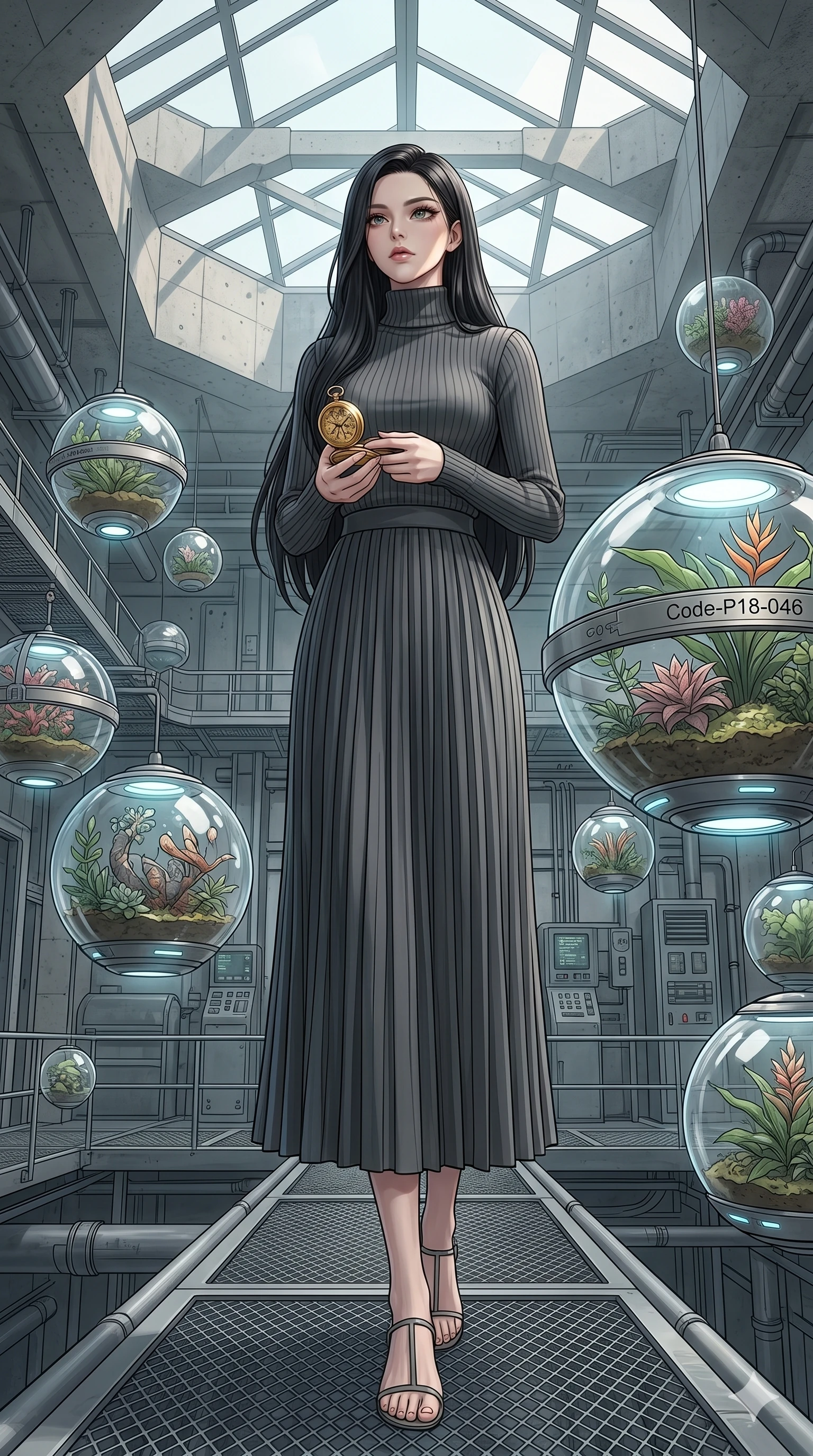 score_9, masterpiece, best quality, ultra-detailed, high-budget anime keyframe, editorial fashion photography, tasteful artistic composition, Korean woman. low angle full-body shot from head to toe showing her feet, filling the entire 9:16 vertical frame with her statuesque presence, stretching her vertical silhouette. holding a golden pocket watch, looking past the camera with a thoughtful, focused expression inside a futuristic greenhouse with levitating glass botanical spheres (Code-P18-046). She has an absolutely perfect 8-heads proportion, an exceptionally tall and slender female figure with impossibly long slender legs and an ultra-slim waist. V-shaped jawline, high-bridge nose, intricate jewel-like eyes with depth, thick eyelashes, glossy lips with a natural sheen. wearing a high-neck ribbed sweater with a matching long pleated skirt. soft diffused light from a concrete skylight, highlighting her V-shaped jawline and nose. 2k, ultra detail, master piece, 9:16 ratio