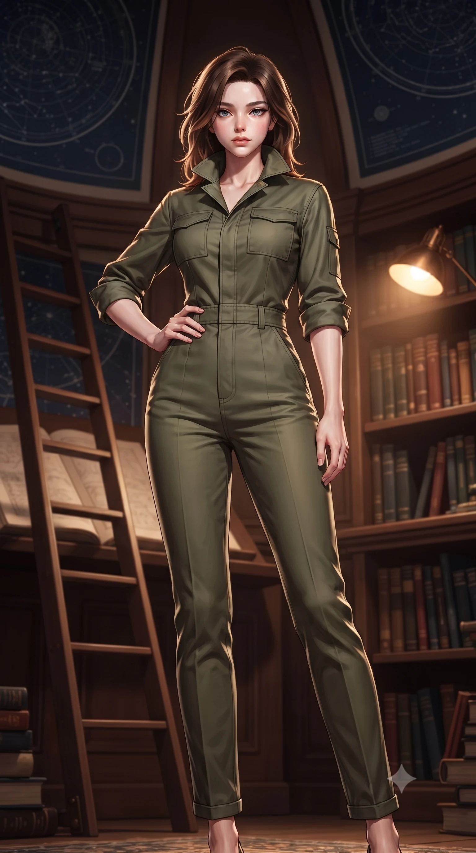 score_9, masterpiece, best quality, ultra-detailed, high-budget anime keyframe, editorial fashion photography, tasteful artistic composition, Korean woman. low angle full-body shot from head to toe showing her feet, filling the entire 9:16 vertical frame with her statuesque presence, stretching her vertical silhouette. posing confidently with one hand on her hip, stretching her statuesque body to emphasize her curves the background shows a soft-focus an astronomical observatory library with tall wooden ladders and star charts. She has an absolutely perfect, statuesque 8.5-heads proportion, an exceptionally tall and slender model-like female figure with impossibly long slender legs and an ultra-slim waist. sharp v-shaped jawline, high-bridge nose, intricate jewel-like eyes with depth, thick eyelashes, glossy lips with a natural sheen. wearing a slim-fit comfortable olive green cotton utility jumpsuit with a structured collar and rolled-up sleeves. focused warm reading lamp light creating an intelligent, thoughtful mood. ultra-reflective glossy finish, specular highlights, metallic sheen, high-contrast stereoscopic depth, volumetric dynamic lighting, 2k, ultra detail, master piece, 9:16 ratio