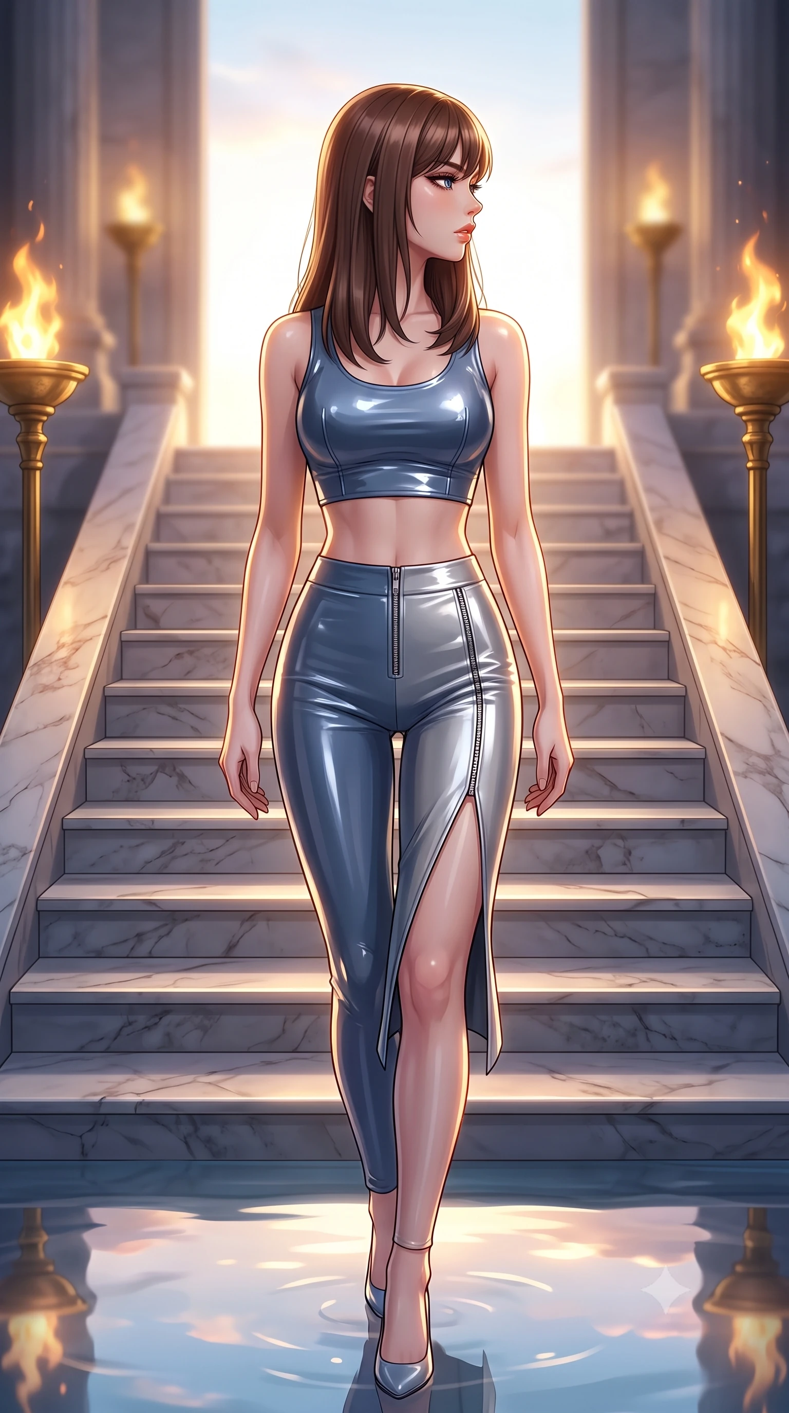 score_9, masterpiece, best quality, ultra-detailed, high-budget anime keyframe, editorial fashion photography, tasteful artistic composition, Korean woman. close-up cowboy shot from the waist and thighs up, the character dominates the composition, filling the frame with her large presence, background elements kept in soft focus. Turning her face in sharp dramatic profile against the bright light, showcasing her sharp v-shaped jawline descending a grand marble staircase flanked by golden torch flames at dusk, still pool waters reflecting her slender silhouette and the open sky. She has an exceptionally elegant, slender, and willowy female figure with an ultra-slim waist, a gracefully sculpted slender torso, and a refined silhouette. sharp v-shaped jawline, high-bridge nose, intricate jewel-like eyes with depth, thick eyelashes, glossy lips with a natural sheen. wearing a glossy vinyl crop top and high-waist tailored leggings with sleek zippers in slate blue and metallic silver, tailored from high-gloss patent leather, finished with a sleek side slit ascending to mid-thigh, the sleek second-skin texture accentuating her magnetic presence. illuminated by soft glowing sunset radiance with dramatic golden rim highlights. highly saturated vibrant anime colors, detailed shading with soft gradients, rich glossy textures, high-contrast stereoscopic depth, volumetric dynamic lighting, master piece, 9:16 ratio