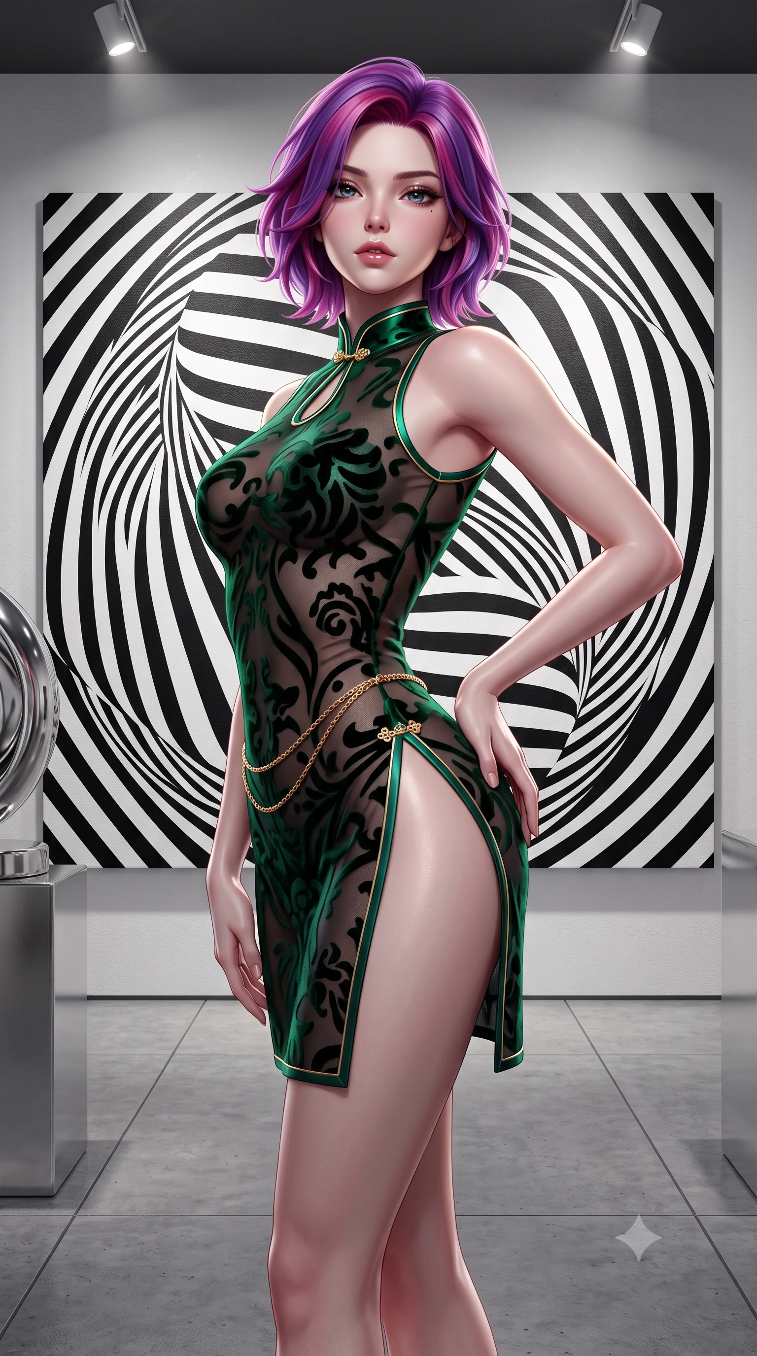 score_9, masterpiece, best quality, ultra-detailed, high-budget anime keyframe, semi-realistic 3D game render, editorial fashion photography, tasteful artistic composition, Caucasian woman. close-up cowboy shot from the waist and thighs up, the character dominates the composition, filling the frame with her large presence. arching her spine backward with effortless dancer poise, one hand sliding along her hip line as directional light carves specular highlights along her silhouette while posing before a monumental black-and-white op-art painting, twisting her slender torso in a sharp contrapposto stance to mirror the geometric optical curves. The surrounding environment is rendered in vivid detail and crisp panoramic clarity. sharp canvas texture weave, polished chrome sculpture surfaces, and concrete gallery floor seams in deep focus. She has an exceptionally elegant, slender, and willowy female figure with an ultra-slim waist, flat toned midriff, narrow ribcage, and sculpted feminine hips creating an alluring, slim hourglass silhouette without bulk. sharp v-shaped jawline, high-bridge nose, intricate jewel-like eyes with depth, thick eyelashes, glossy parted lips with a natural sheen, intensely captivating and seductive bedroom-eyes expression, flawlessly proportioned anatomical accuracy, strict slender model proportions, natural body alignment, perfectly sculpted long slender limbs, ultra-slim waistline, clean dynamic posture without body distortion. wearing a modernized cyber-qipao mini dress with an ultra-high side slit ascending to the hip and glowing piping in deep emerald green satin and gold hardware, made of sheer contouring power-mesh with velvet flocking patterns, accented with a delicate gold chain belt resting loosely on her curvy hips, the glove-like aerodynamic silhouette tightly following the natural contour of her hips and long slender legs with statuesque 8.5-heads elegance. bathed in precise museum directional spotlights from above and soft floor-level ambient fill. highly saturated vibrant anime colors, detailed shading with soft gradients, rich glossy textures, high-contrast stereoscopic depth, volumetric dynamic lighting, master piece, 9:16 ratio