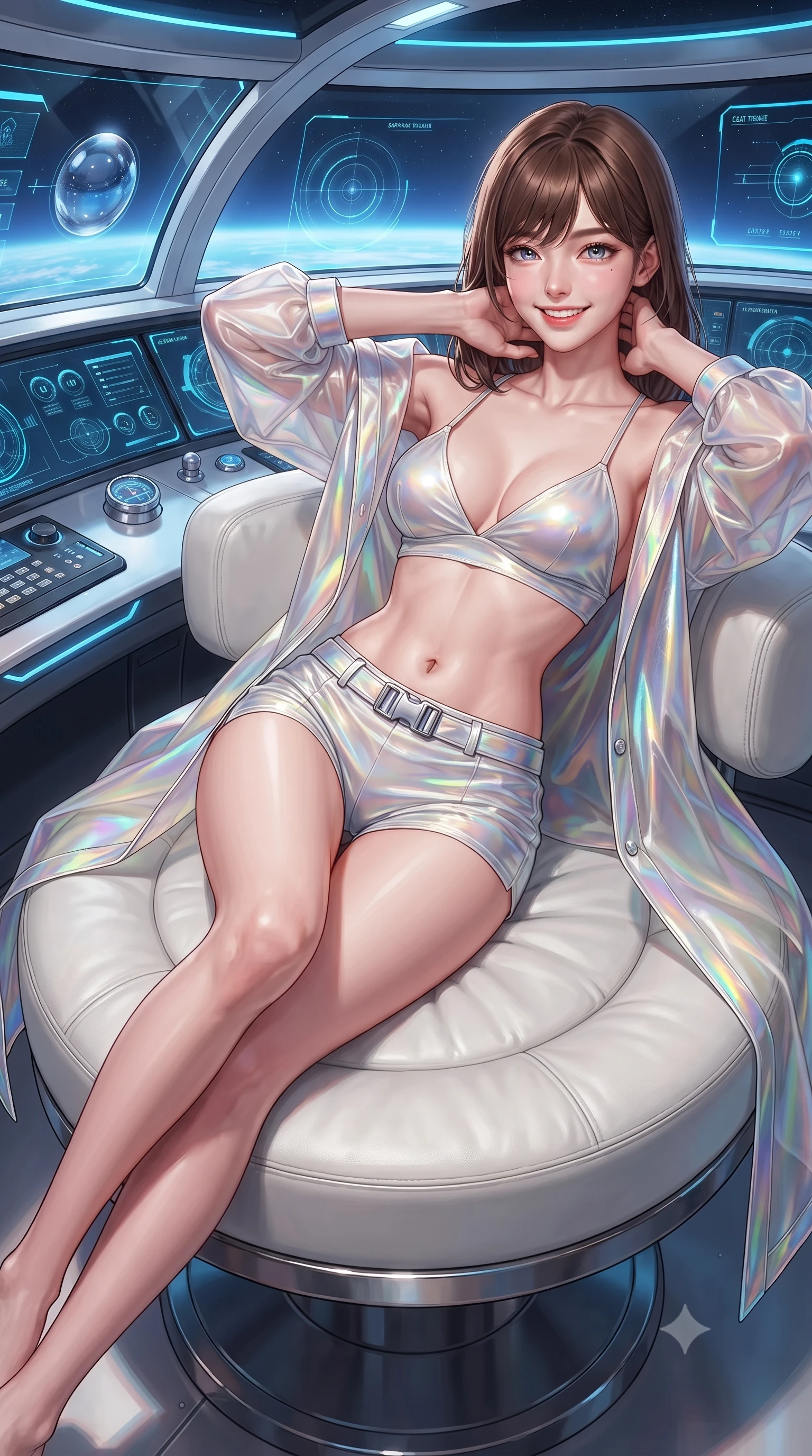score_9, masterpiece, best quality, ultra-detailed, high-budget anime keyframe, editorial fashion photography, tasteful artistic composition, Korean woman. close-up cowboy shot from the waist and thighs up, the character dominates the composition, filling the frame with her large presence. resting both hands lightly behind her neck with elbows raised, arching her spine to highlight her narrow waist, flat midriff, and breathtaking collarbones while lounging gracefully across the circular white leather captain lounge propped on one elbow with legs extended, displaying her long slender limbs and statuesque hourglass silhouette. The surrounding environment is rendered in vivid detail and crisp panoramic clarity: sharp curved smart-glass panel seams, polished chrome instrument bezels, and holographic vector lines in deep focus. She has an exceptionally elegant, slender, and willowy female figure with an ultra-slim waist, flat toned midriff, narrow ribcage, and sculpted feminine hips creating an alluring, slim hourglass silhouette without bulk. sharp v-shaped jawline, high-bridge nose, intricate jewel-like sparkling eyes with depth, thick eyelashes, glossy parted lips with a natural peach sheen, bright cheerful beaming smile with an enchanting and coquettish sensual glint, exuding both youthful cute charm and seductive allure, flawlessly proportioned anatomical accuracy, strict slender model proportions, natural body alignment, perfectly sculpted long slender limbs, ultra-slim waistline, clean dynamic posture without body distortion. wearing a translucent iridescent organza tactical robe slipping off bare shoulders over a matching satin micro-bralette and combat shorts in solar-sail rainbow diffraction and titanium white, crafted from fluid liquid silk satin that clings smoothly to her narrow waist and rounded hips with a dewy sheen, finished with sleek magnetic buckle closures fluttering in the breeze, the glove-like clinging cut tightly following the natural contour of her hips and long slender legs with youthful 8.5-heads elegance. illuminated by spherical glass reflection bounce and sharp sapphire-cyan rim lights defining her razor-sharp jawline, narrow waist, and curvy hips. ultra-reflective glossy finish, specular highlights, rich textural contrasts, high-contrast stereoscopic depth, volumetric dynamic lighting, 2k, ultra detail, master piece, 9:16 ratio