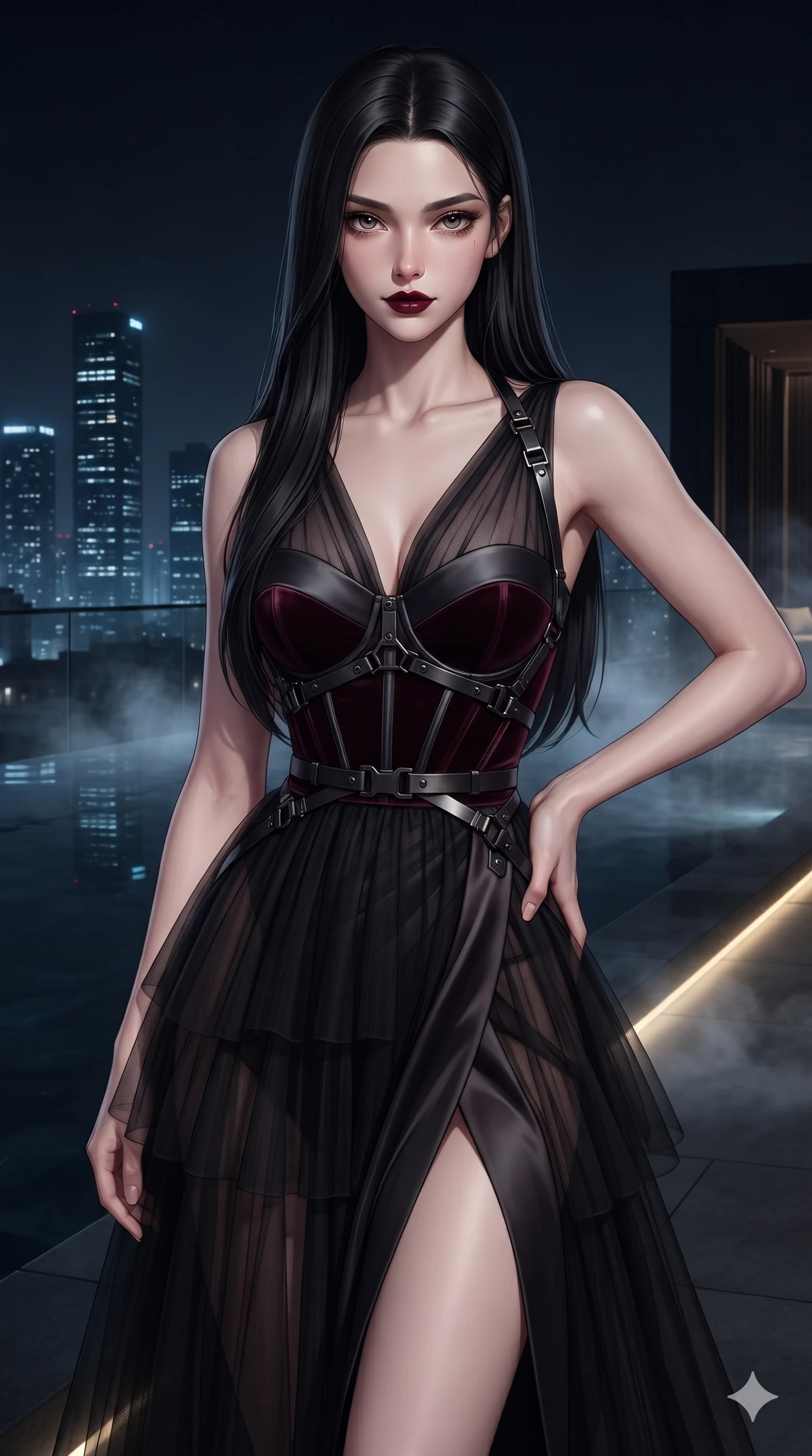 score_9, masterpiece, best quality, ultra-detailed, high-budget anime keyframe, editorial fashion photography, tasteful artistic composition, Korean woman. close-up cowboy shot from the waist and thighs up, the character dominates the composition, filling the frame with her large presence. holding a confident power pose with one hand on her hip, looking into the lens with smoldering intensity while standing beside a dark infinity pool reflecting distant night city skyscrapers, cool night mist drifting gently across the dark rooftop terrace. The surrounding environment is rendered in vivid detail and crisp panoramic clarity: detailed backless liquid vinyl slip dress cling, gunmetal harness clasps, and luxury minimalist terrace design in razor-sharp precision. She has an exceptionally elegant, slender, and willowy female figure with an ultra-slim waist, flat toned midriff, narrow ribcage, and sculpted feminine hips creating an alluring, slim hourglass silhouette without bulk. sharp v-shaped jawline, high-bridge nose, intricate jewel-like dark sparkling eyes with hypnotic seductive depth, thick curled eyelashes, glossy parted lips with a natural wine sheen, alluring bedroom-eyes with an enigmatic smoldering smile, exuding magnetic sovereign charisma and dark avant-garde glamour, flawlessly proportioned anatomical accuracy, strict slender model proportions, natural body alignment, perfectly sculpted long slender limbs, ultra-slim waistline, clean dynamic posture without body distortion. wearing a tiered semi-sheer black tulle and silk slip dress with an ultra-slim corseted waist and bare shoulders in deep wine burgundy and lustrous gold foil, tailored from soft dark satin with subtle light-absorbing depth, adorned with minimalist black onyx hardware framing the silhouette, the high-slit wrap tailoring accentuating her ultra-slim waistline and the enchanting curve of her feminine hips with alluring seductive charm. illuminated by dark pool water surface bounce and sharp golden-sapphire rim lights sculpting her razor-sharp jawline, narrow waist, and curvy hips. ultra-reflective glossy finish, specular highlights, metallic sheen, high-contrast stereoscopic depth, volumetric dynamic lighting, 2k, ultra detail, master piece, 9:16 ratio