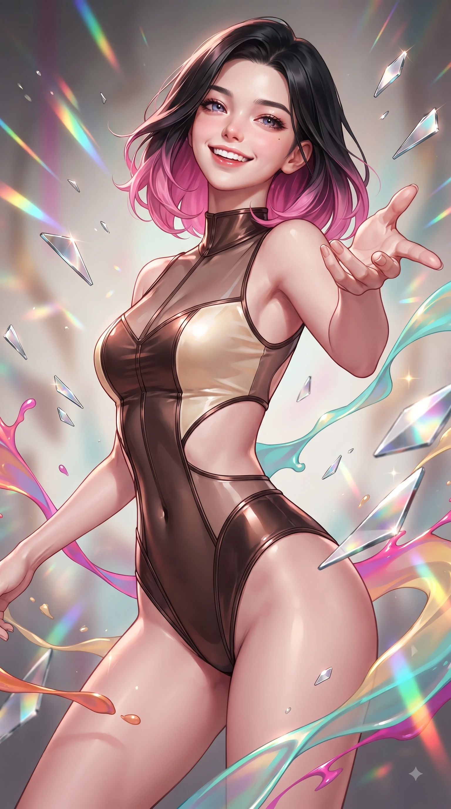 score_9, masterpiece, best quality, ultra-detailed, high-budget anime keyframe, editorial fashion photography, tasteful artistic composition, Korean woman. close-up cowboy shot from the waist and thighs up, the character dominates the composition, filling the frame with her large presence, background elements kept in soft focus. Tilting her chin up with a beaming smile of pure delight while balancing dynamically amidst the scene while reaching her hand forward with a cheerful smile as shattered mirror prisms scatter rainbow beams, vibrant ribbons of opal paint and color splashes frozen in mid-air around her figure. She has an exceptionally elegant, slender, and willowy female figure with an ultra-slim waist, a gracefully sculpted slender torso, and a refined silhouette. sharp v-shaped jawline, high-bridge nose, intricate jewel-like eyes with depth, thick eyelashes, glossy lips with a natural sheen, flawlessly proportioned anatomical accuracy, natural body alignment, perfectly sculpted elegant limbs, clean dynamic posture without body distortion. wearing a high-cut translucent vinyl leotard with front paneling and open back in espresso brown and warm cream, made of premium stretch velvet with a rich sheen, featuring clean architectural cutouts along her slender torso, the form-contouring material highlighting her ultra-slim waist and long lines. surrounded by a radiant glow of magenta, aqua, and golden fluid highlights. ultra-reflective glossy finish, specular highlights, metallic sheen, high-contrast stereoscopic depth, volumetric dynamic lighting, 2k, ultra detail, master piece, 9:16 ratio