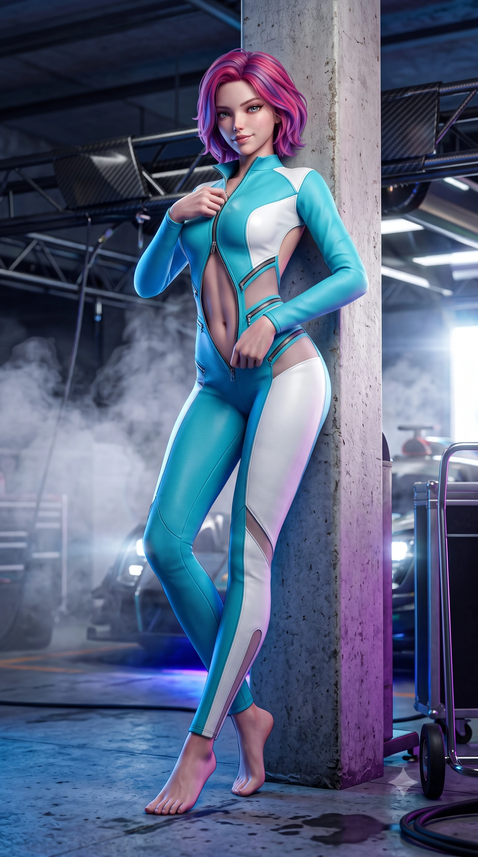 score_9, masterpiece, best quality, ultra-detailed, high-budget anime keyframe, semi-realistic 3D game render, editorial fashion photography, tasteful artistic composition, Caucasian woman. low angle full-body shot from head to toe showing her feet, filling the entire 9:16 vertical frame with her statuesque presence, stretching her vertical silhouette. leaning deep against the structural architecture with hips cocked in an unapologetically bold, seductive high-fashion stance while unzipping her leather racing suit with a slow, teasing smile, eyes locked with daring magnetism on the viewer. The composition keeps background elements in soft focus with creamy bokeh. drifting tire smoke sheets and carbon-fiber garage gantries softened in moody shallow focus. She has an absolutely perfect, statuesque 8.5-heads proportion, an exceptionally tall and slender model-like female figure with impossibly long slender legs, a toned flat midriff, and an ultra-slim waist. sharp v-shaped jawline, high-bridge nose, intricate jewel-like eyes with depth, thick eyelashes, glossy parted lips with a natural sheen, intensely captivating and seductive expression, flawlessly proportioned anatomical accuracy, strict slender model proportions, natural body alignment, perfectly sculpted long slender limbs, ultra-slim waistline, clean dynamic posture without body distortion. wearing a daring open-back racing jumpsuit with crossed elastic suspension straps and form-hugging fit in racing aqua blue and stark white, made of stretchy athletic knit with sheer mesh cutout inserts, accented with diagonal metal zippers running across the side-waist cutouts, the athletic second-skin cut highlighting her toned flat midriff and slender model proportions during dynamic action. bathed in high-intensity xenon hypercar headlights and neon pitlane floodlights. highly saturated vibrant anime colors, detailed shading with soft gradients, rich glossy textures, high-contrast stereoscopic depth, volumetric dynamic lighting, master piece, 9:16 ratio