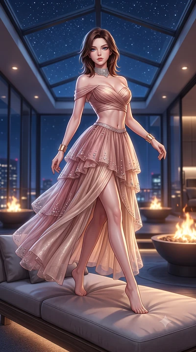 score_9, masterpiece, best quality, ultra-detailed, high-budget anime keyframe, semi-realistic 3D game render, editorial fashion photography, tasteful artistic composition, Korean woman. low angle full-body shot from head to toe showing her feet, fil