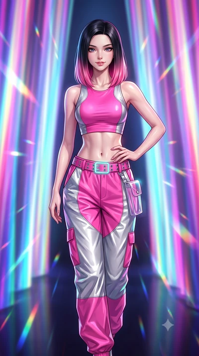 score_9, masterpiece, best quality, ultra-detailed, high-budget anime keyframe, semi-realistic 3D game render, editorial fashion photography, tasteful artistic composition, Korean woman. close-up cowboy shot from the waist and thighs up, the characte
