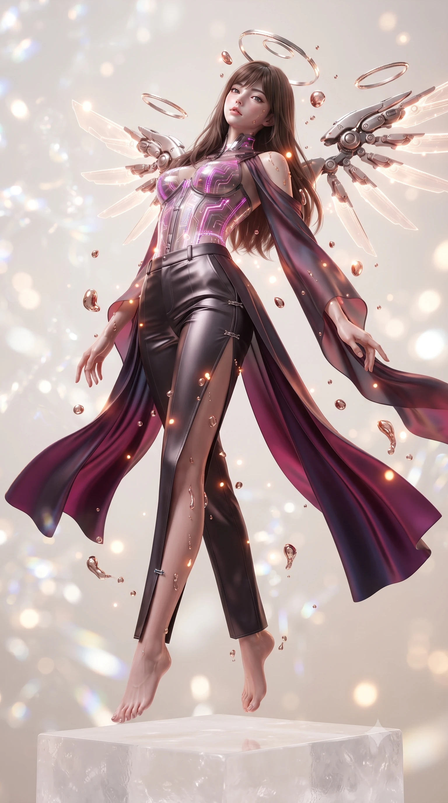 score_9, masterpiece, best quality, ultra-detailed, high-budget anime keyframe, editorial fashion photography, tasteful artistic composition, Korean woman. low angle full-body shot from head to toe showing her feet, filling the entire 9:16 vertical frame with her statuesque presence, stretching her vertical silhouette. arching her back gracefully in mid-air as glowing mechanical wings and floating cybernetic halos frame her statuesque presence while ascending a white quartz platform as nano-fluid droplets glisten like liquid rose gold along her sculpted contour. The composition keeps background elements in soft focus with creamy bokeh. glistening nano-fluid droplets scattering warm, glowing light motes across a luminous backdrop. She has an absolutely perfect, statuesque 8.5-heads proportion, an exceptionally tall and slender model-like female figure with impossibly long slender legs, a toned flat midriff, and an ultra-slim waist. sharp v-shaped jawline, high-bridge nose, intricate jewel-like eyes with depth, thick eyelashes, glossy lips with a natural sheen, flawlessly proportioned anatomical accuracy, strict slender model proportions, natural body alignment, perfectly sculpted long slender limbs, ultra-slim waistline, clean dynamic posture without body distortion. wearing a structured translucent cyber-corset paired with tailored high-fashion satin trousers that sharply cinch her ultra-slim waist in vibrant electric magenta and ultra-reflective dark titanium, made of smooth flowing silk chiffon that shifts colors with movement, finished with an ultra-high side slit secured by miniature magnetic clasps, the sleek second-skin cut tightly hugging her graceful clavicle, narrow waist, and feminine curves with athletic precision. illuminated by sparkling fluid droplet refractions and crisp specular highlights tracing her slender curves. ultra-reflective glossy finish, specular highlights, dark metallic sheen, high-contrast stereoscopic depth, volumetric dynamic lighting, 2k, ultra detail, master piece, 9:16 ratio