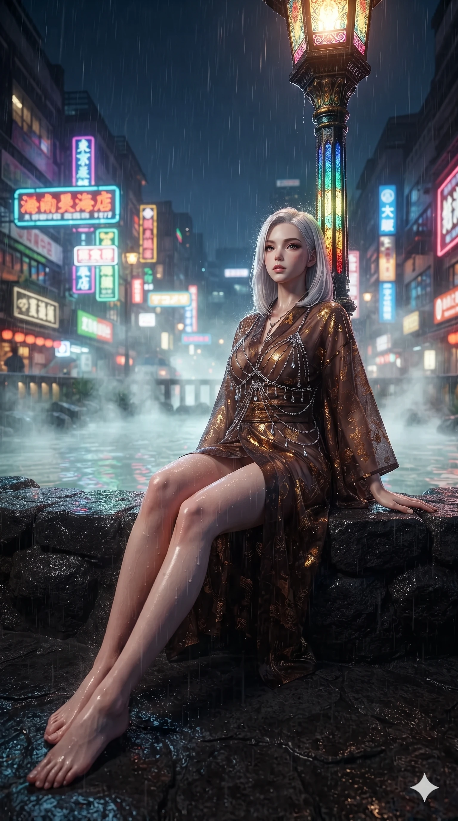 score_9, masterpiece, best quality, ultra-detailed, high-budget anime keyframe, editorial fashion photography, tasteful artistic composition, Korean woman. low angle full-body shot from head to toe showing her feet, filling the entire 9:16 vertical frame with her statuesque presence, stretching her vertical silhouette. sitting on the black basalt rock rim of the steaming geothermal lagoon, water droplets beading on her flat midriff and curvy hips while leaning against the illuminated esplanade lamp post with hips cocked back, looking through rain-streaked air with heavy-lidded seductive eyes. The surrounding environment is rendered in vivid detail and crisp panoramic clarity: detailed wet-look silk wrap tailoring, fine mesh cutouts, and futuristic esplanade architecture in razor-sharp clarity. She has an exceptionally tall and slender model-like 8.5-heads proportion, an ultra-slim waist, a flat toned midriff, narrow delicate ribcage, and beautifully sculpted feminine hips creating a graceful, slim hourglass silhouette without any bulky heaviness, with impossibly long slender legs. sharp v-shaped jawline, high-bridge nose, intricate jewel-like sparkling eyes with depth, thick eyelashes, glossy parted lips with a natural sheen, intensely captivating and seductive bedroom-eyes expression, exuding both youthful cute charm and sovereign luxury allure, flawlessly proportioned anatomical accuracy, strict slender model proportions, natural body alignment, perfectly sculpted long slender limbs, ultra-slim waistline, clean dynamic posture without body distortion. wearing a delicate semi-translucent silk yukata that clings to her wet skin and curvy hip contours in dark espresso brown and molten gold foil, tailored from smooth liquid silk satin that clings smoothly to her narrow waist and rounded hips with a dewy sheen, accented with a chrome-drop body harness subtly framing her dewy collarbones and spine, the bespoke structured tailoring following the natural line of her 8.5-heads silhouette with refined elegance. bathed in the intense, high-saturation glow of multi-colored neon signage reflecting off wet surfaces. ultra-reflective glossy finish, specular highlights, rich textural contrasts, high-contrast stereoscopic depth, volumetric dynamic lighting, 2k, ultra detail, master piece, 9:16 ratio