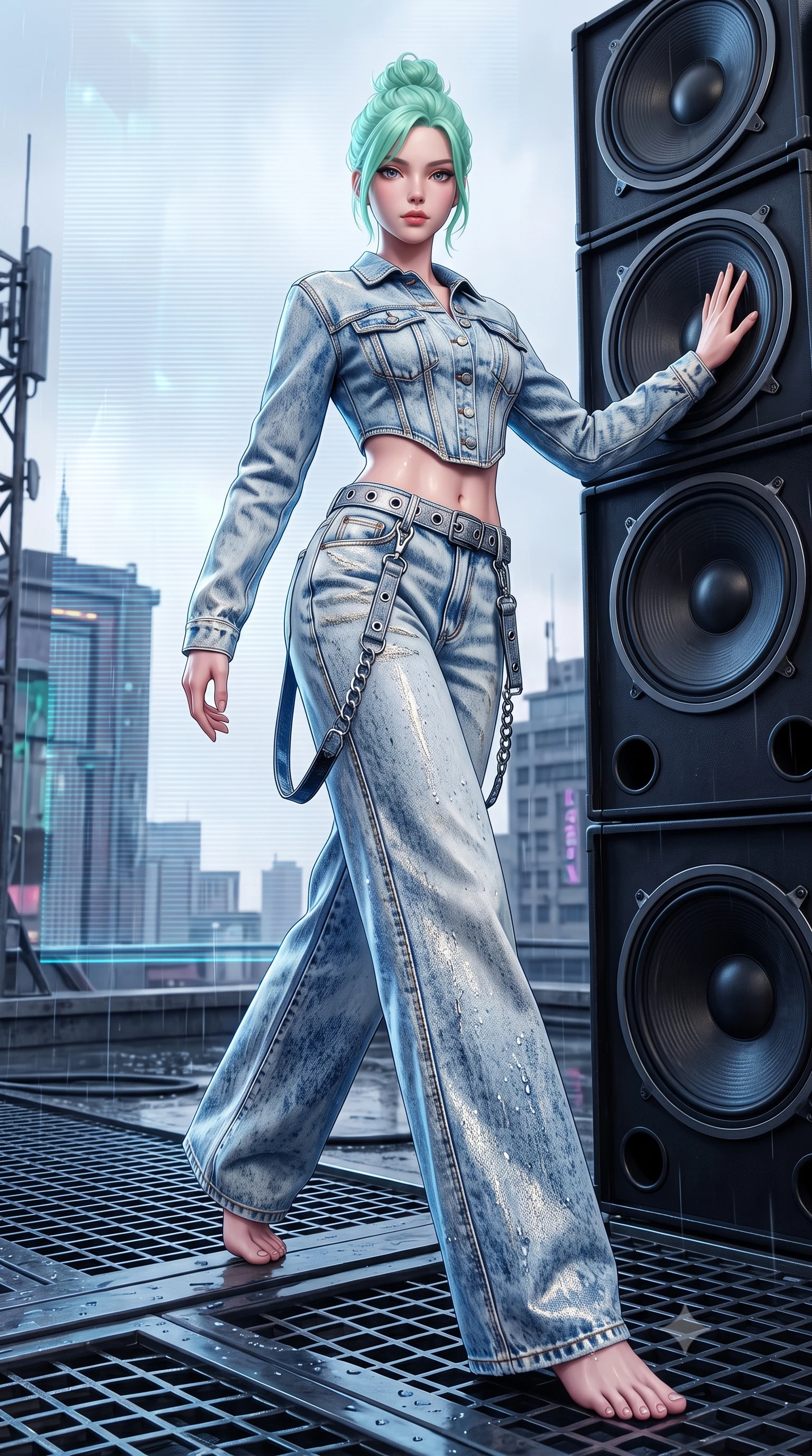 score_9, masterpiece, best quality, ultra-detailed, high-budget anime keyframe, semi-realistic 3D game render, editorial fashion photography, tasteful artistic composition, Japanese woman. low angle full-body shot from head to toe showing her feet, filling the entire 9:16 vertical frame with her statuesque presence, stretching her vertical silhouette. striding forward in a proud, dynamic supermodel runway stride, her statuesque vertical silhouette commanding the entire frame while leaning against a heavy subwoofer speaker stack with confident Y2K attitude and flawless vertical posture. The surrounding environment is rendered in vivid detail and crisp panoramic clarity. sharp holographic projection scanlines, rain droplets beaded on metallic cargo pants, and rooftop grating in deep focus. She has an absolutely perfect, statuesque 8.5-heads proportion, an exceptionally tall and slender model-like female figure with impossibly long slender legs, a toned flat midriff, and an ultra-slim waist. sharp v-shaped jawline, high-bridge nose, intricate jewel-like eyes with depth, thick eyelashes, glossy lips with a natural sheen, captivating and magnetic expression, flawlessly proportioned anatomical accuracy, strict slender model proportions, natural body alignment, perfectly sculpted long slender limbs, ultra-slim waistline, clean dynamic posture without body distortion. wearing a deconstructed denim corseted crop jacket paired with high-waisted wide-leg utility jeans and a silver grommet belt in acid-wash light denim and dark chrome, tailored from distressed structured cotton denim with metallic thread, accented with hanging industrial clip straps and chrome chain links edition #18, the form-contouring material adhering flawlessly to her sculpted flat midriff and slender torso, emphasizing her long leg lines and perfectly proportioned willowy build. illuminated by crisp rim lights accentuating her ultra-slim waistline and long athletic limbs. highly saturated vibrant anime colors, detailed shading with soft gradients, rich glossy textures, high-contrast stereoscopic depth, volumetric dynamic lighting, master piece, 9:16 ratio