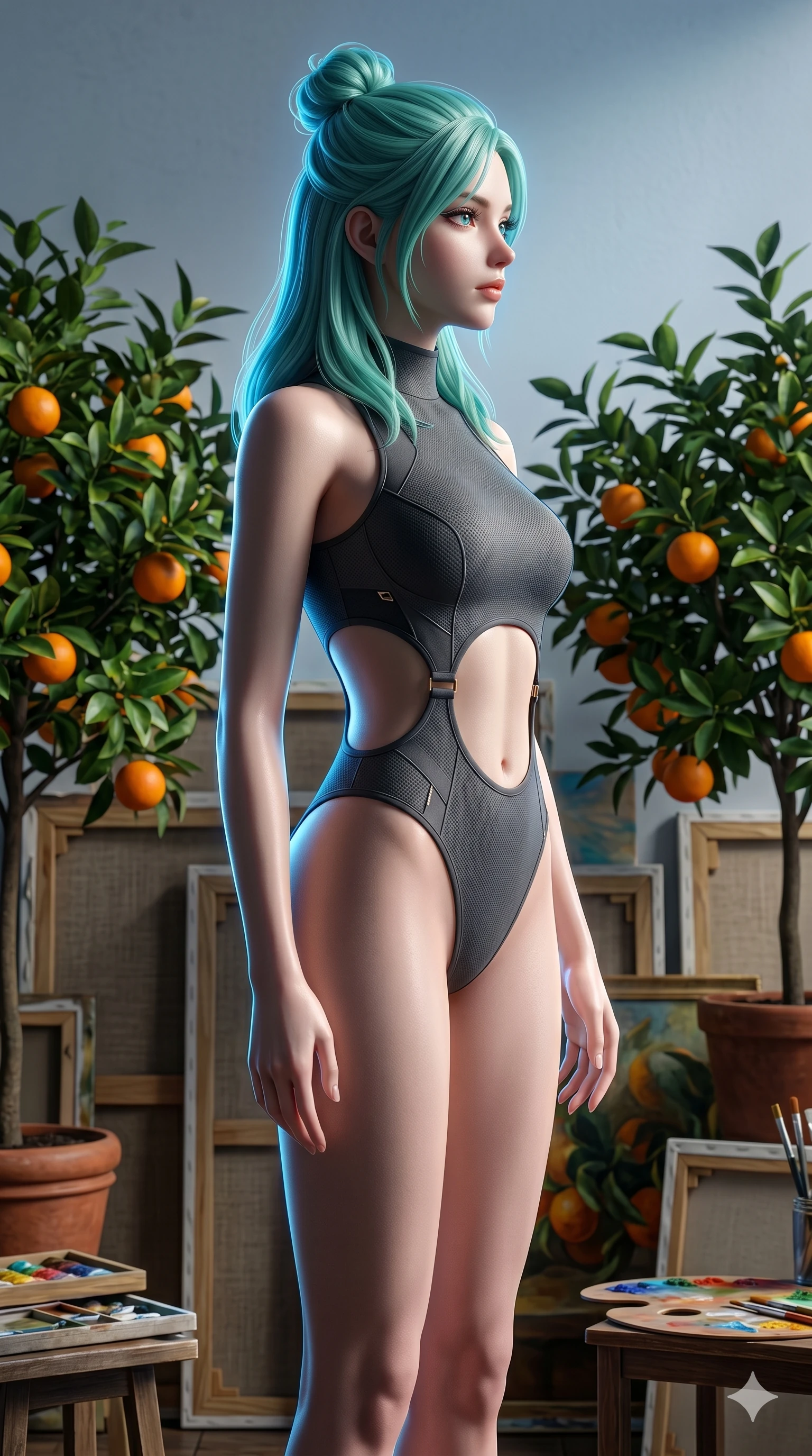 score_9, masterpiece, best quality, ultra-detailed, high-budget anime keyframe, editorial fashion photography, tasteful artistic composition, Japanese woman. cowboy shot from the thighs up, character and outfit filling the frame for maximum editorial presence. standing tall, her face turned in profile, with a composed expression inside an art studio filled with oil canvases and potted orange trees (Code-P18-075). She has an absolutely perfect 8-heads proportion, an exceptionally tall and slender female figure with impossibly long slender legs and an ultra-slim waist. V-shaped jawline, high-bridge nose, intricate jewel-like eyes with depth, thick eyelashes, glossy lips with a natural sheen. wearing a skin-tight activewear leotard with an exposed midriff and side cutouts. bright cinematic volumetric lighting with a cool blue rim light tracing her contours. 2k, ultra detail, master piece, 9:16 ratio