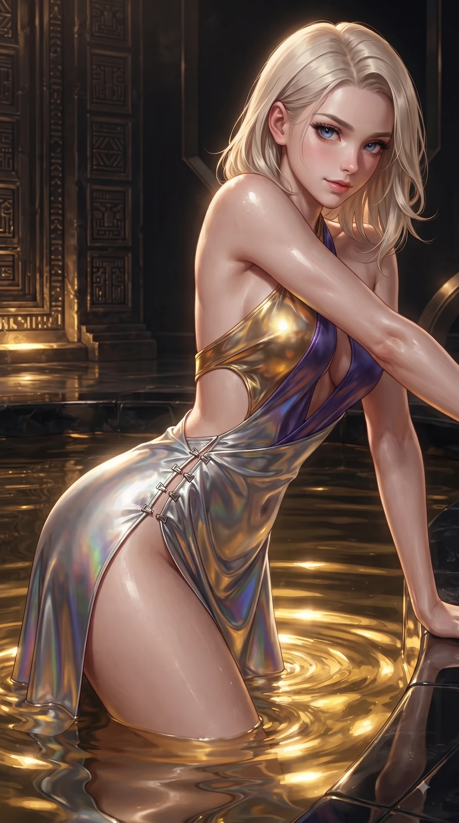 score_9, masterpiece, best quality, ultra-detailed, high-budget anime keyframe, editorial fashion photography, tasteful artistic composition, Caucasian woman. close-up cowboy shot from the waist and thighs up, the character dominates the composition, filling the frame with her large presence. stretching forward with an alluring arch of her spine, glancing over her shoulder with thick eyelashes and a smoldering half-smile while partially submerged in a high-tech obsidian pool filled with glowing liquid gold. The surrounding environment is rendered in vivid detail and crisp panoramic clarity. rich chiaroscuro lighting and intricate cyber-temple architectural textures rendered in panoramic clarity. She has an exceptionally elegant, slender, and willowy female figure with an ultra-slim waist, a gracefully sculpted slender torso, and a refined silhouette. sharp v-shaped jawline, high-bridge nose, intricate jewel-like eyes with depth, thick eyelashes, glossy lips with a natural sheen, flawlessly proportioned anatomical accuracy, natural body alignment, perfectly sculpted elegant limbs, clean dynamic posture without body distortion. wearing a molten silver liquid-metal mini dress featuring deep side-waist cutouts and a daring crossover halter neckline in lustrous molten gold and pure deep violet, made of smooth iridescent silk chiffon that shifts colors with movement, finished with an ultra-high side slit secured by miniature magnetic clasps, the glove-like fit tightly following every curve of her statuesque athletic build. bathed in shimmering gold reflections from the liquid pool and sharp directional key lights. ultra-reflective glossy finish, specular highlights, metallic sheen, high-contrast stereoscopic depth, volumetric dynamic lighting, 2k, ultra detail, master piece, 9:16 ratio