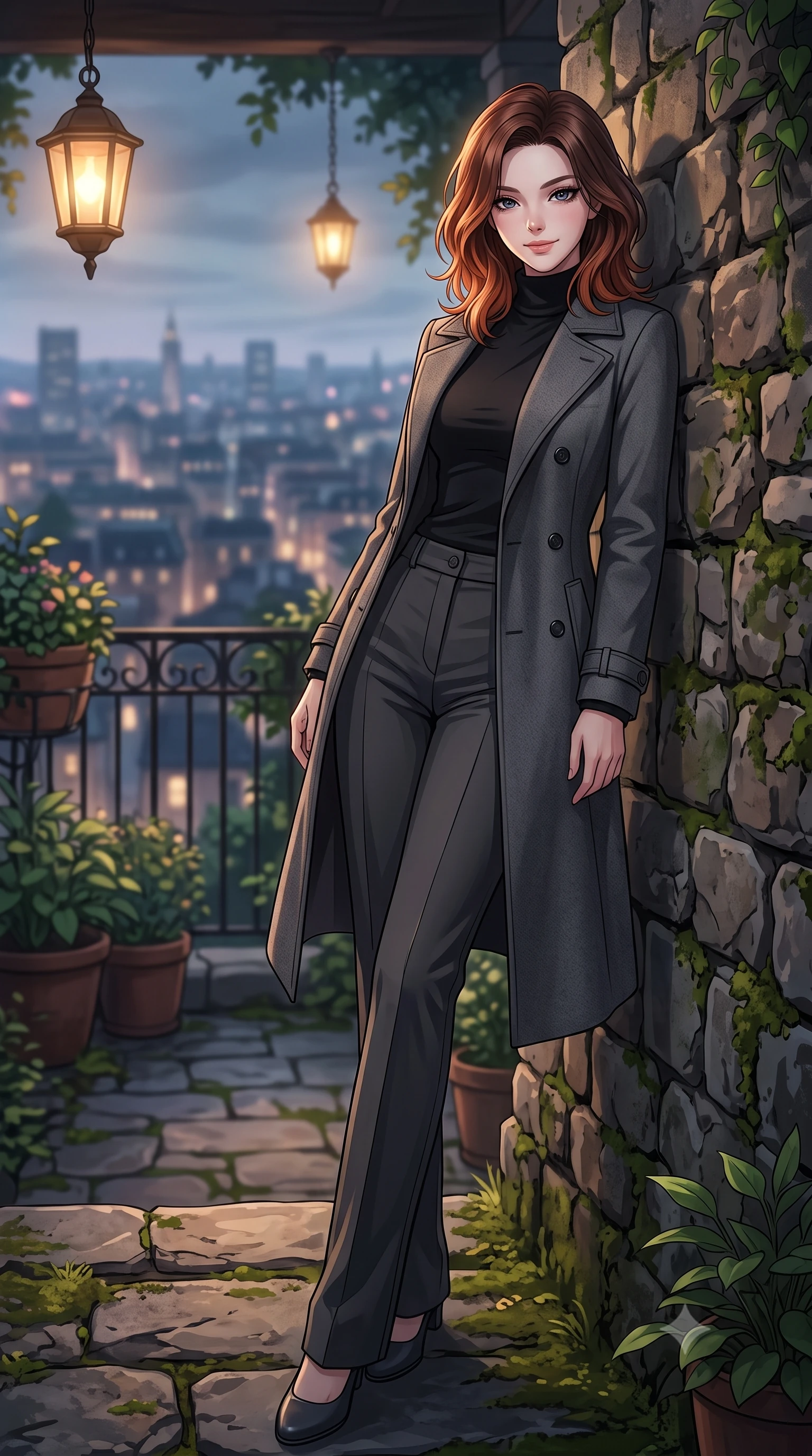 score_9, masterpiece, best quality, ultra-detailed, high-budget anime keyframe, tasteful artistic composition, Korean woman. low angle full-body shot from head to toe showing her feet, filling the entire 9:16 vertical frame with her statuesque presence, stretching her vertical silhouette. leaning back against a rustic stone wall, casting a slow, alluring gaze at the camera the background shows a soft-focus a secluded rooftop garden veranda at a historic estate overlooking city lights. She has an absolutely perfect, statuesque 8.5-heads proportion, an exceptionally tall and slender model-like female figure with impossibly long slender legs and an ultra-slim waist. sharp v-shaped jawline, high-bridge nose, intricate jewel-like eyes with depth, thick eyelashes, glossy lips with a natural sheen. wearing a tailored tailored wool trench coat in charcoal grey, worn closed over a black cashmere turtleneck and trousers. soft ambient city glow contrasting with the warm light of hanging lanterns. highly saturated vibrant anime colors, cel-shading, 2d style, master piece, 9:16 ratio