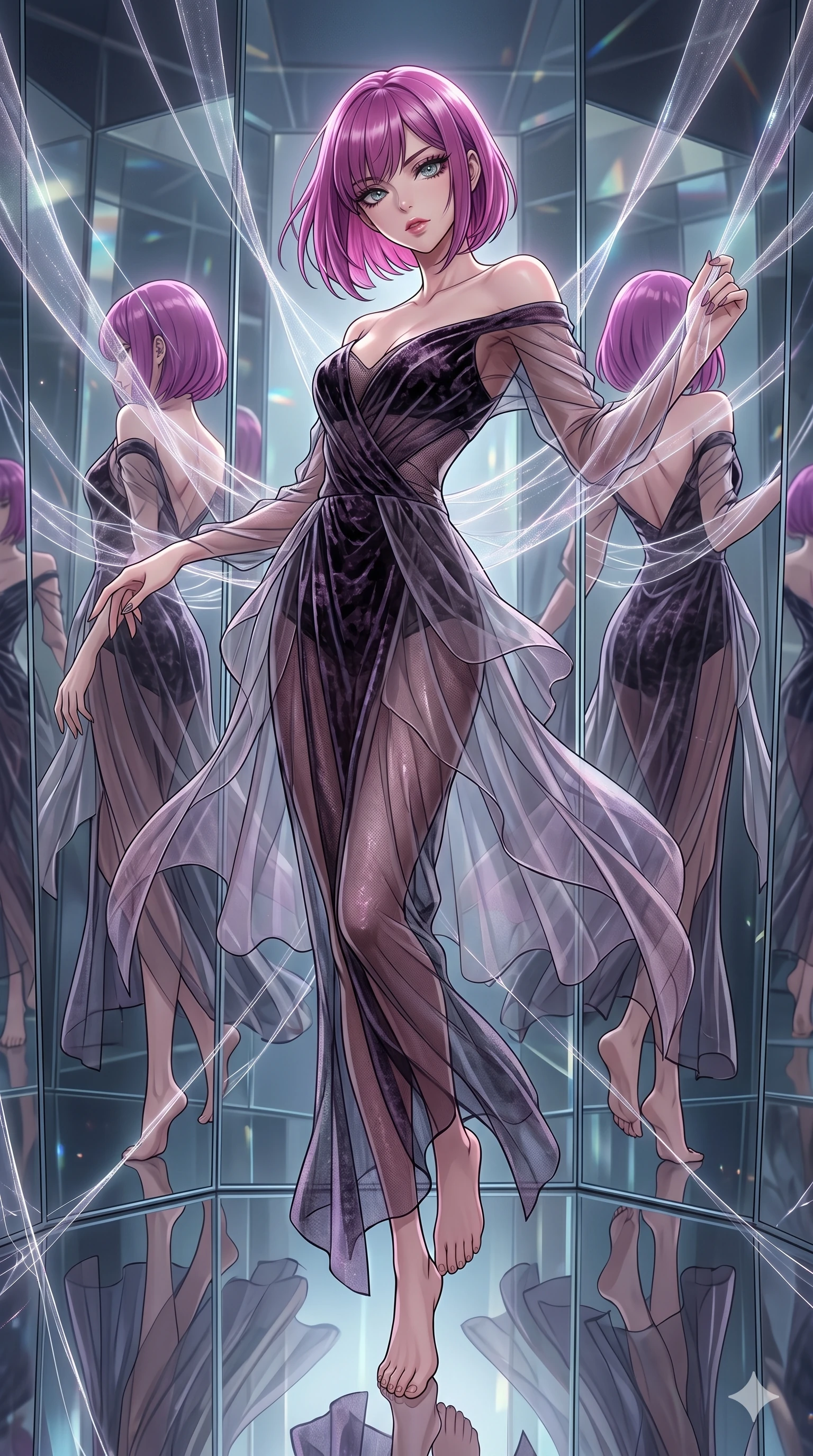 score_9, masterpiece, best quality, ultra-detailed, High-budget Anime Keyframe, East Asian woman. Dynamic full-body shot stretching the vertical silhouette to the limit. Scenario 236: Suspended by invisible silk threads in a hall of mirrors. Her presence is magnetic and overpowering in this high-budget anime scene. Outfit 236: A crushed dark velvet mesh with a low-cut shoulder and translucent layers. The clothing is designed to emphasize her exceptionally tall and slender 8-heads proportion. 8-heads proportion, towering silhouette, ultra-slim waist. sharp v-shaped jawline, intricate jewel-like eyes with depth, thick eyelashes, glossy lips. 2k, ultra detail, master piece, 9:16 ratio