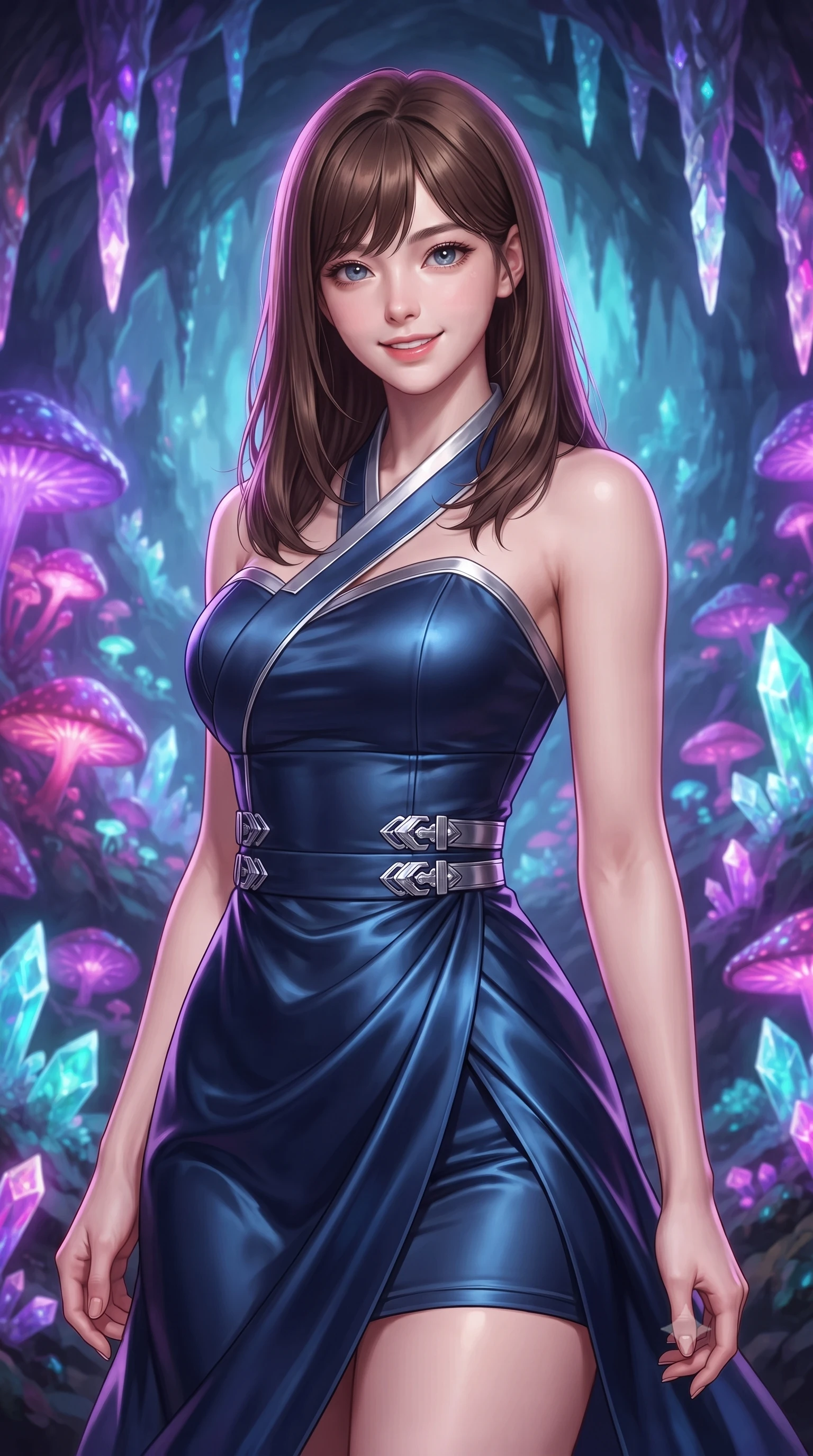 score_9, masterpiece, best quality, ultra-detailed, high-budget anime keyframe, editorial fashion photography, tasteful artistic composition, Korean woman. close-up cowboy shot from the waist and thighs up, the character dominates the composition, filling the frame with her large presence, background elements kept in soft focus. Smiling with quiet, magnetic self-assurance directly into the lens navigating a cavern filled with bioluminescent fungi and crystalline stalactites, sharp crystalline reflections creating an opulent, jewel-like ambience. She has an exceptionally elegant, slender, and willowy female figure with an ultra-slim waist, a gracefully sculpted slender torso, and a refined silhouette. sharp v-shaped jawline, high-bridge nose, intricate jewel-like eyes with depth, thick eyelashes, glossy lips with a natural sheen. wearing a modern fusion silk hanbok dress with a structured bodice in midnight navy blue and chrome trim, crafted from lustrous satin jersey with fluid draping, detailed with polished silver buckles along the waistline, the tailored fabric tightly following every curve of her athletic build. illuminated by radiant purple, magenta, and cyan crystal inner glow. highly saturated vibrant anime colors, detailed shading with soft gradients, rich glossy textures, high-contrast stereoscopic depth, volumetric dynamic lighting, master piece, 9:16 ratio