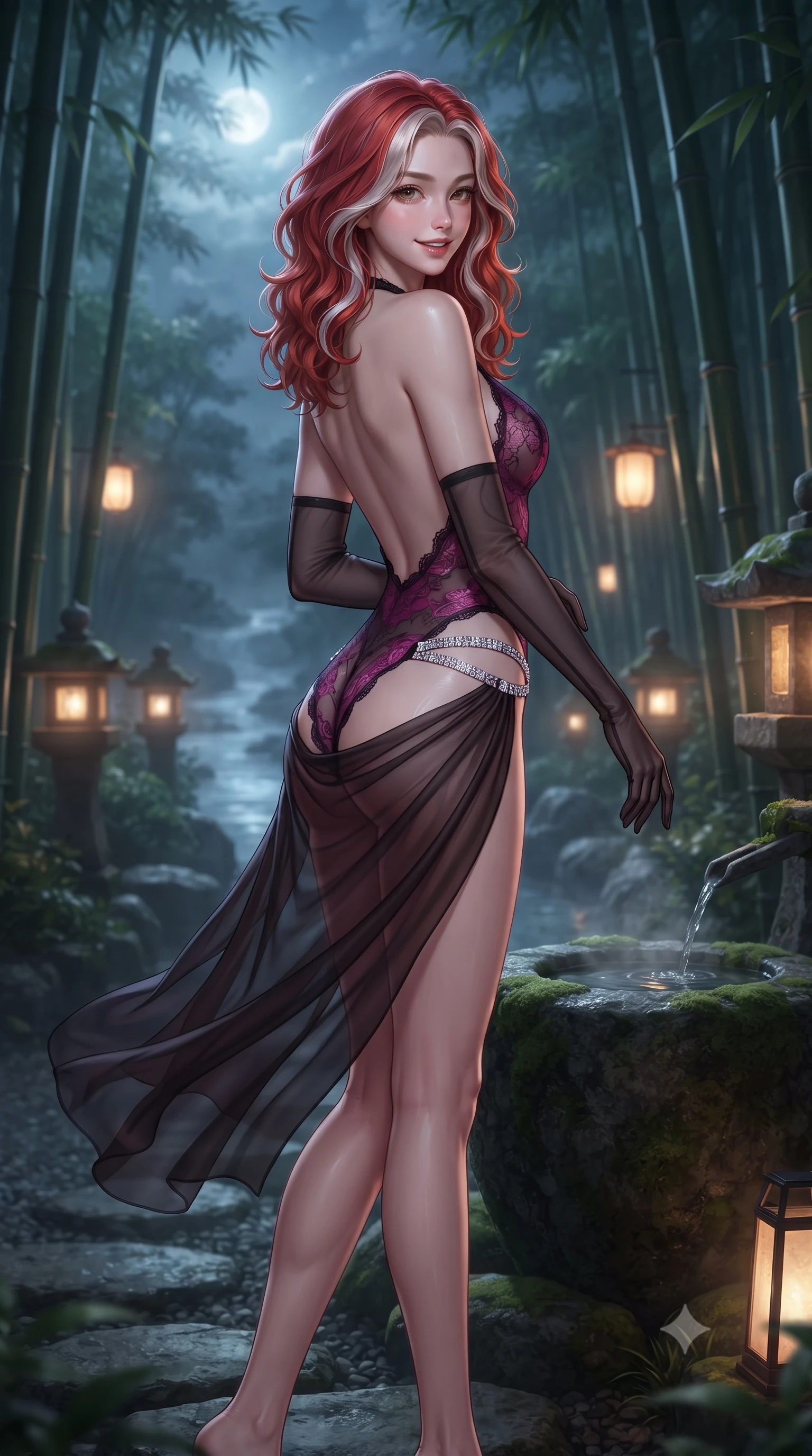 score_9, masterpiece, best quality, ultra-detailed, high-budget anime keyframe, editorial fashion photography, tasteful artistic composition, Caucasian woman. low angle full-body shot from head to toe showing her feet, filling the entire 9:16 vertical frame with her statuesque presence, stretching her vertical silhouette. executing a slow, graceful pivot turn as her skirt sways around her slender legs, glancing back with an enchanting, teasing sensual expression while twisting her slender torso in an alluring contrapposto stance beside the mossy stone basin, evening breeze fluttering her sheer robe around her narrow waist and curvy hips. The background shows a soft-focus whispering Arashiyama bamboo stalks swayed by night breeze, glowing stone toro lanterns, and misty moonlit river gorge blurred into jade, silver, and charcoal bokeh. She has an exceptionally tall and slender model-like 8.5-heads proportion, an ultra-slim waist, a flat toned midriff, narrow delicate ribcage, and beautifully sculpted feminine hips creating a graceful, slim hourglass silhouette without any bulky heaviness, with impossibly long slender legs. sharp v-shaped jawline, high-bridge nose, intricate jewel-like sparkling eyes with depth, thick eyelashes, glossy parted lips with a natural peach sheen, bright cheerful beaming smile with an enchanting and coquettish sensual glint, exuding both youthful cute charm and seductive allure, flawlessly proportioned anatomical accuracy, strict slender model proportions, natural body alignment, perfectly sculpted long slender limbs, ultra-slim waistline, clean dynamic posture without body distortion. wearing a provocative sheer lace halter teddy with low scoop back and crystal-encrusted hip straps in Gangnam electric magenta noir and glossy onyx, made of fluid liquid jersey with seamless sculpting hold and smooth contours, complemented by sheer opera-length evening gloves tracing her slender arms, the glove-like clinging cut tightly following the natural contour of her hips and long slender legs with youthful 8.5-heads elegance. bathed in the ethereal cool 4500K silver moonlight filtering through tall bamboo culms mixed with warm 2400K paper lantern glows. ultra-reflective glossy finish, specular highlights, rich textural contrasts, high-contrast stereoscopic depth, volumetric dynamic lighting, 2k, ultra detail, master piece, 9:16 ratio