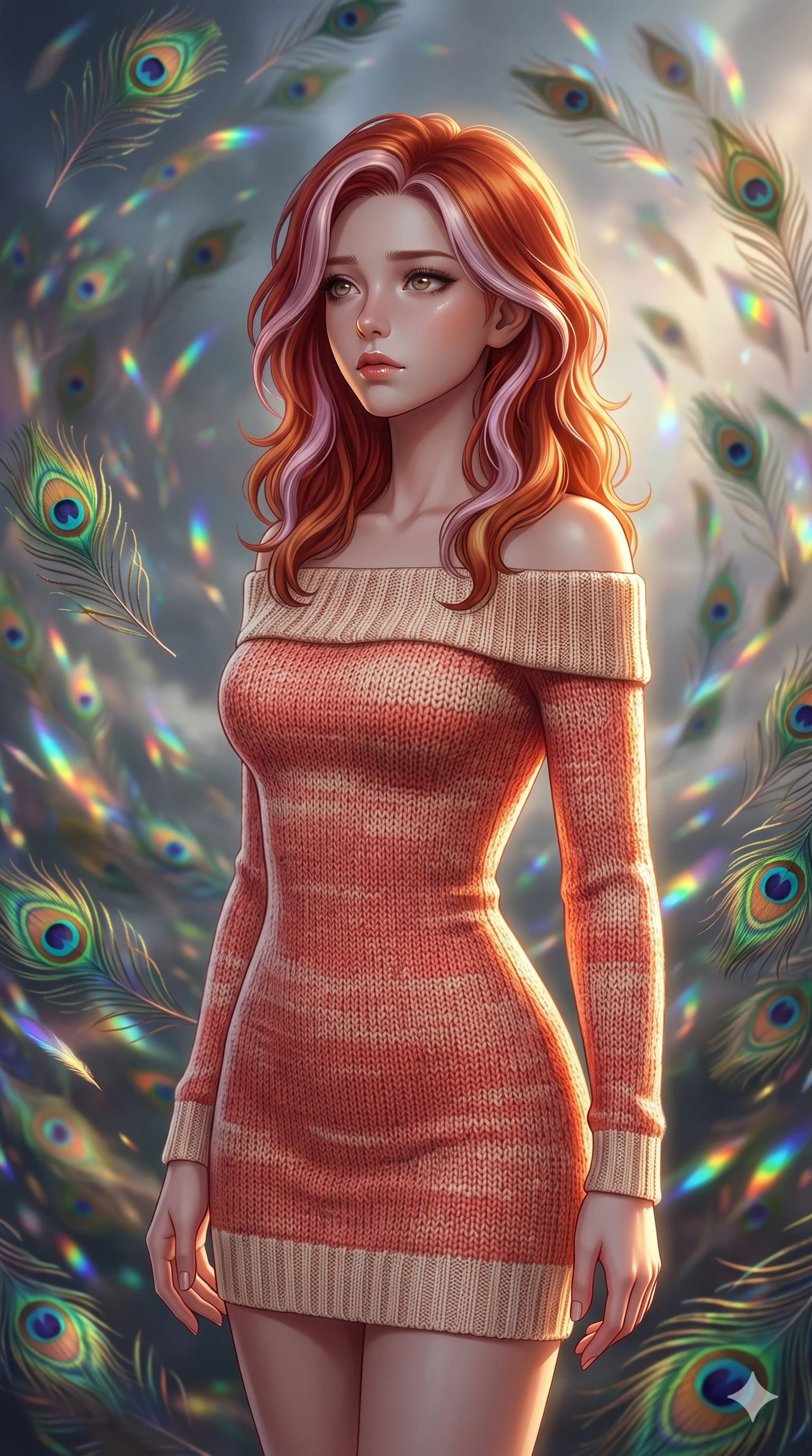 score_9, masterpiece, best quality, ultra-detailed, high-budget anime keyframe, editorial fashion photography, tasteful artistic composition, Caucasian woman, strictly human ears. close-up cowboy shot from the waist and thighs up, the character dominates the composition, filling the frame with her large presence, background elements kept in soft focus. Gazing into the distance with a wistful melancholic expression and softly glowing eyes. set against a soft-focus background of caught in a magnificent storm of thousands of iridescent peacock feathers that catch and scatter light into rainbow fractals as they swirl in complex spiraling patterns through the air. She has an exceptionally elegant and slender, willowy female figure with an ultra-slim waist, a gracefully sculpted slender torso, and a refined slim physique. sharp v-shaped jawline, high-bridge nose, intricate jewel-like eyes with depth, thick eyelashes, glossy lips with a natural sheen. wearing an off-shoulder fitted sweater dress in a two-tone weave of coral and cream wool, conforming perfectly to her slender willowy silhouette. dramatic chiaroscuro with a single golden key light sculpting her silhouette. 2k, ultra detail, master piece, 9:16 ratio