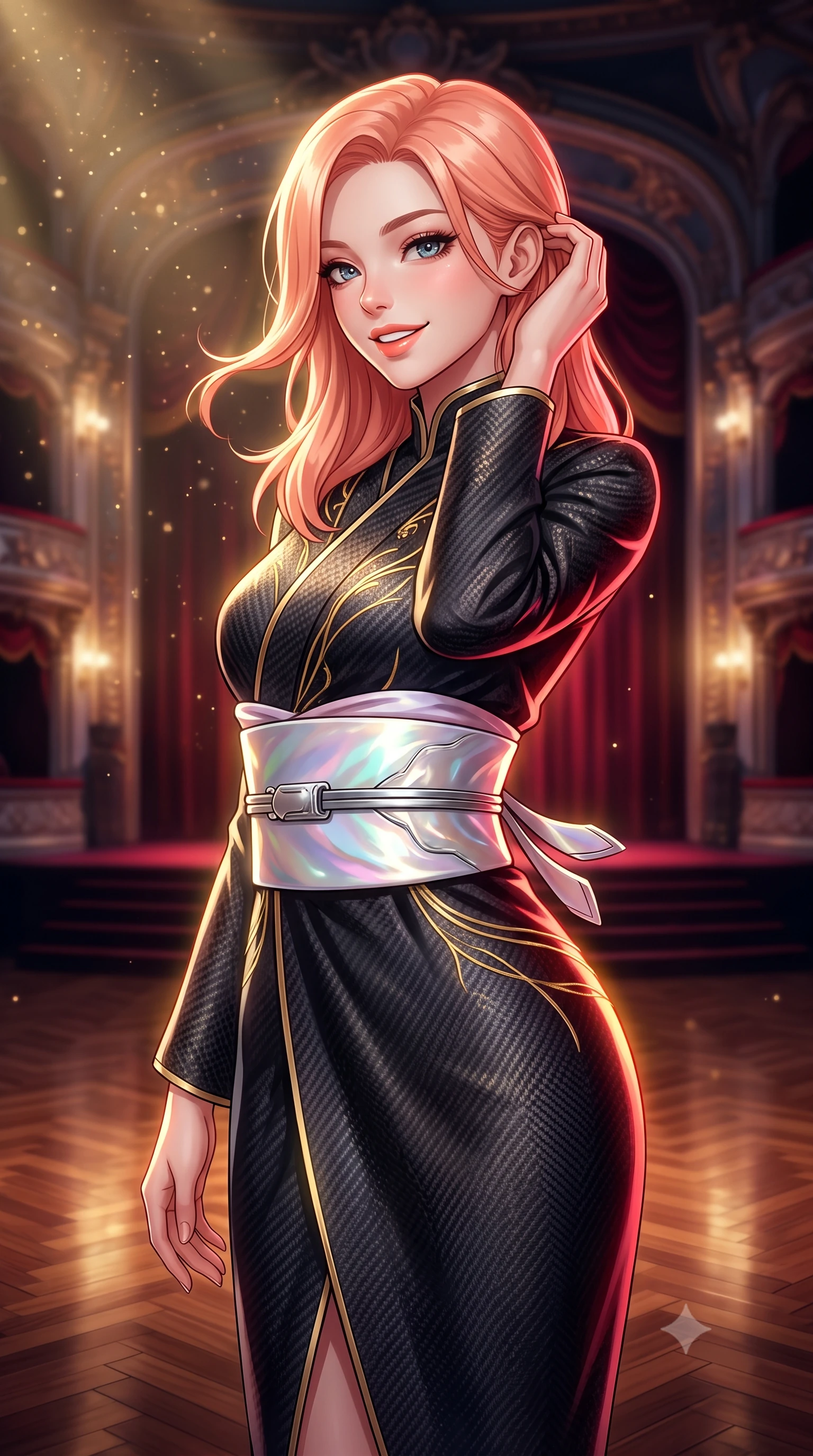 score_9, masterpiece, best quality, ultra-detailed, high-budget anime keyframe, semi-realistic 3D game render, editorial fashion photography, tasteful artistic composition, Japanese woman. close-up cowboy shot from the waist and thighs up, the character dominates the composition, filling the frame with her large presence. gently brushing a lock of hair behind her ear while casting a playful, flirtatious side-gaze with long eyelashes while twisting her slender torso in an alluring contrapposto stance, fiber-optic gold filigree and crimson velvet light wrapping around her narrow waist and curvy hips. The background shows a soft-focus golden dust particles shimmering in spotlight beams softened in grand cyber-baroque opera house shallow focus. She has an exceptionally elegant, slender, and willowy female figure with an ultra-slim waist, flat toned midriff, narrow ribcage, and sculpted feminine hips creating an alluring, slim hourglass silhouette without bulk. sharp v-shaped jawline, high-bridge nose, intricate jewel-like sparkling eyes with depth, thick eyelashes, glossy parted lips with a natural peach sheen, bright cheerful beaming smile with an enchanting and coquettish sensual glint, exuding both youthful cute charm and seductive allure, flawlessly proportioned anatomical accuracy, strict slender model proportions, natural body alignment, perfectly sculpted long slender limbs, ultra-slim waistline, clean dynamic posture without body distortion. wearing an elegant high-neck cyber-kimono coat with integrated gold fiber-optic embroidery and wide obi belt in iridescent mother-of-pearl and liquid molten silver, woven from structured carbon-fiber jacquard with rich textural depth, finished with sleek magnetic buckle closures fluttering in the breeze, the impeccably tailored cut draping gracefully along her slender figure with aristocratic poise. illuminated by polished parquet reflection bounce and sharp gold-plasma rim lights sculpting her jawline, narrow waist, and curvy hips. highly saturated vibrant anime colors, detailed shading with soft gradients, rich glossy textures, high-contrast stereoscopic depth, volumetric dynamic lighting, master piece, 9:16 ratio