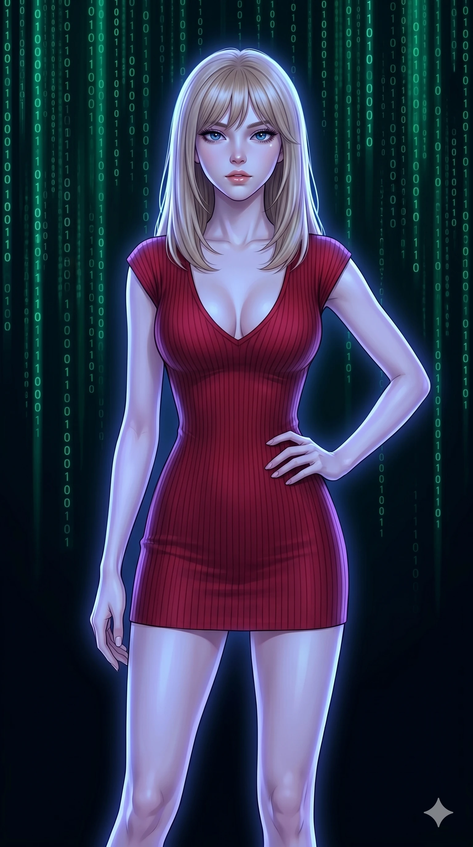 score_9, masterpiece, best quality, ultra-detailed, high-budget anime keyframe, editorial fashion photography, tasteful artistic composition, Japanese woman. cowboy shot from the thighs up, character and outfit filling the frame for maximum editorial presence. Holding a confident power pose with one hand on her hip inside a digital void where streams of binary light rain gently in emerald green cascades. She has an absolutely perfect 8-heads proportion, an exceptionally tall and slender female figure with impossibly long slender legs and an ultra-slim waist. V-shaped jawline, high-bridge nose, intricate jewel-like eyes with depth, thick eyelashes, glossy lips with a natural sheen. wearing a ribbed knit form-contouring mini dress in deep carmine red with a V-neckline, cap sleeves, and a perfectly body-sculpting fit that highlights every elegant curve of her slender silhouette. bathed in cool ethereal blue-violet bioluminescent glow that highlights her form from all sides. 2k, ultra detail, master piece, 9:16 ratio