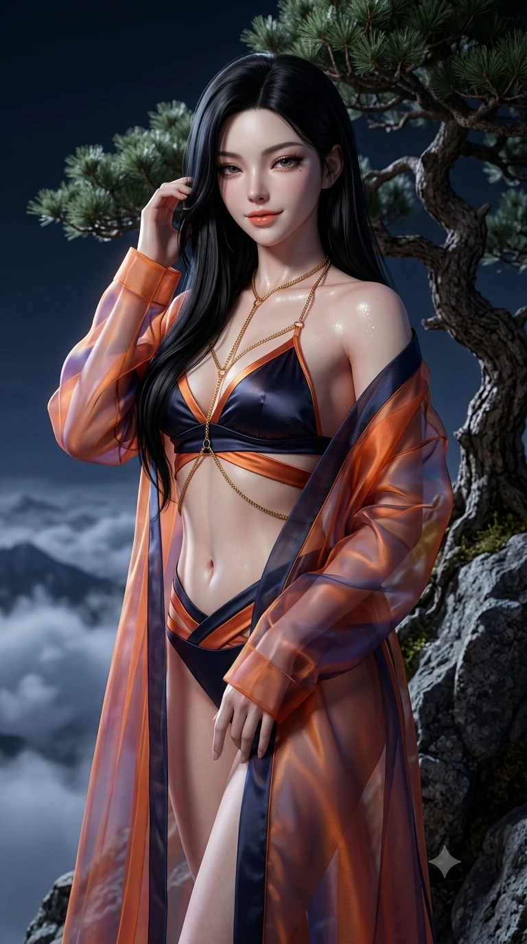 score_9, masterpiece, best quality, ultra-detailed, high-budget anime keyframe, semi-realistic 3D game render, editorial fashion photography, tasteful artistic composition, Korean woman. close-up cowboy shot from the waist and thighs up, the character dominates the composition, filling the frame with her large presence. gently brushing a lock of silk hair behind her ear while casting a playful, flirtatious side-gaze with long eyelashes while twisting her slender torso in an alluring S-curve beside the gnarled thousand-year bonsai pine, moonlit clouds drifting below her feet. The background shows a soft-focus mountain summit sanctuary softened in high-altitude landscape shallow focus. She has an exceptionally elegant, slender, and willowy female figure with an ultra-slim waist, flat toned midriff, narrow ribcage, and sculpted feminine hips creating an alluring, slim hourglass silhouette without bulk. sharp v-shaped jawline, high-bridge nose, sparkling eyes with hypnotic seductive depth, thick curled eyelashes, glossy parted lips with a natural dewy peach sheen, alluring bedroom-eyes with an enchanting coquettish smile, exuding magnetic siren charisma and sophisticated glamour, flawlessly proportioned anatomical accuracy, strict slender model proportions, natural body alignment, perfectly sculpted long slender limbs, ultra-slim waistline, clean dynamic posture without body distortion. wearing a translucent iridescent organza durumagi robe slipping off bare shoulders over a matching satin micro-bralette and wrap briefs in sunset tangerine orange and deep navy indigo, made of supple butter-soft lambskin leather with a subtle satin sheen, accented with a gold body chain harness subtly framing her dewy collarbones and spine, the precision-cut side openings and low-back scoop framing her graceful spine and the sensual sweep of her slim, toned hips. bathed in crisp, unhindered 6000K mountain full-moon light casting dramatic razor-sharp shadows across the rock face. highly saturated vibrant anime colors, detailed shading with soft gradients, rich glossy textures, high-contrast stereoscopic depth, volumetric dynamic lighting, master piece, 9:16 ratio