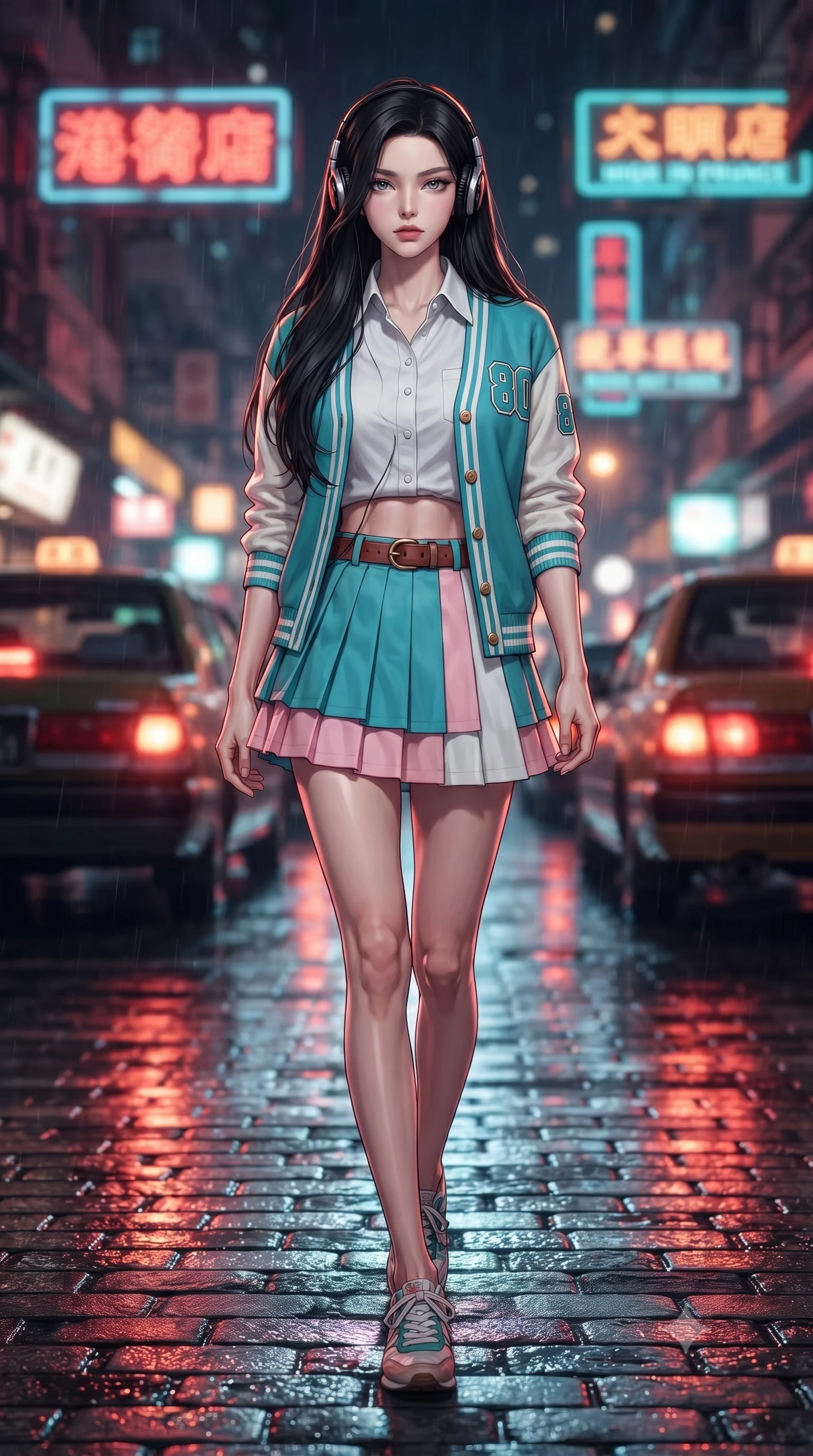 score_9, masterpiece, best quality, ultra-detailed, high-budget anime keyframe, editorial fashion photography, tasteful artistic composition, Korean woman. low angle full-body shot from head to toe showing her feet, filling the entire 9:16 vertical frame with her statuesque presence, stretching her vertical silhouette. landing lightly on the balls of her feet in a balanced kinetic stance, eyes locked onto the camera with fearless allure while walking dynamically down the wet cobblestone street as red taillights of vintage cars leave cinematic light streaks. The composition keeps background elements in soft focus with creamy bokeh. glowing neon signs in kanji/english and wet asphalt light reflections blurred into rich crimson, amber, and cyan bokeh. She has an absolutely perfect, statuesque 8.5-heads proportion, an exceptionally tall and slender model-like female figure with impossibly long slender legs, a toned flat midriff, and an ultra-slim waist. sharp v-shaped jawline, high-bridge nose, intricate jewel-like eyes with depth, thick eyelashes, glossy lips with a natural sheen, captivating and magnetic expression, flawlessly proportioned anatomical accuracy, strict slender model proportions, natural body alignment, perfectly sculpted long slender limbs, ultra-slim waistline, clean dynamic posture without body distortion. wearing a preppy 80s varsity cardigan sweater layered over a crisp collared button-down shirt and a tennis pleated skirt in retro turquoise, baby pink, and white, made of premium heavyweight washed denim and breathable cotton poplin, accessorized with a classic leather belt with brass buckle and retro on-ear foam headphones, the liquid-tight tailored fabric emphasizing every curve of her tall, slender model proportions and sculptured silhouette during dynamic movement. bathed in rich neon red and cyan streetlamp glow bouncing off wet asphalt surfaces. ultra-reflective glossy finish, specular highlights, rich textural contrasts, high-contrast stereoscopic depth, volumetric dynamic lighting, 2k, ultra detail, master piece, 9:16 ratio