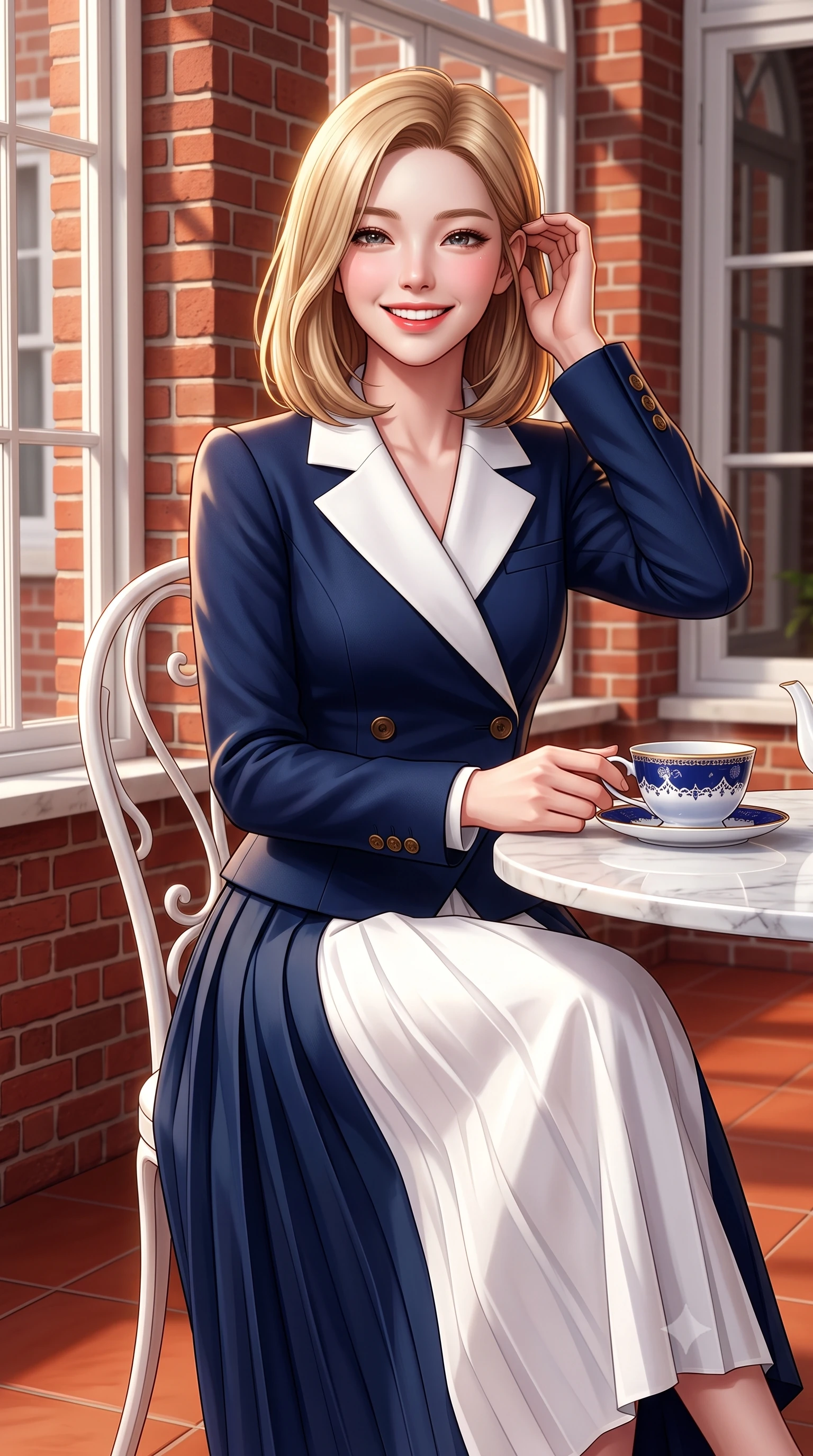 score_9, masterpiece, best quality, ultra-detailed, high-budget anime keyframe, semi-realistic 3D game render, editorial fashion photography, tasteful artistic composition, Korean woman. close-up cowboy shot from the waist and thighs up, the character dominates the composition, filling the frame with her large presence. gently brushing a lock of hair behind her ear with one hand while flashing a radiant, joyful smile while sitting poised at a white marble conservatory tea table with hands resting gently on a porcelain cup, exuding high-society grace. The surrounding environment is rendered in vivid detail and crisp panoramic clarity: sharp red-brick masonry relief, delicate white painted window mullions, and fine porcelain teacup glaze in deep focus. She has an exceptionally elegant, slender, and willowy female figure with an ultra-slim waist, flat toned midriff, narrow ribcage, and sculpted feminine hips creating an alluring, slim hourglass silhouette without bulk. sharp v-shaped jawline, high-bridge nose, intricate jewel-like sparkling eyes with depth, thick eyelashes, glossy parted lips with a natural peach sheen, bright cheerful beaming smile with an enchanting and coquettish sensual glint, exuding both youthful cute charm and seductive allure, flawlessly proportioned anatomical accuracy, strict slender model proportions, natural body alignment, perfectly sculpted long slender limbs, ultra-slim waistline, clean dynamic posture without body distortion. wearing an asymmetrical-wrap tailored wool jacket with clean geometric lines paired with a structured pleated maxi skirt in French navy blue and crisp alabaster white, made of crisp Egyptian cotton poplin with pristine tailored pressing, featuring delicate tonal horn buttons and meticulous hand-stitched pick-lapel borders, the bespoke architectural tailoring hugging her natural waistline with sartorial precision, creating a clean graceful hourglass silhouette with tall model elegance. illuminated by terracotta floor reflection fill and warm golden rim lights defining her delicate collar and willowy silhouette. highly saturated vibrant anime colors, detailed shading with soft gradients, rich glossy textures, high-contrast stereoscopic depth, volumetric dynamic lighting, master piece, 9:16 ratio