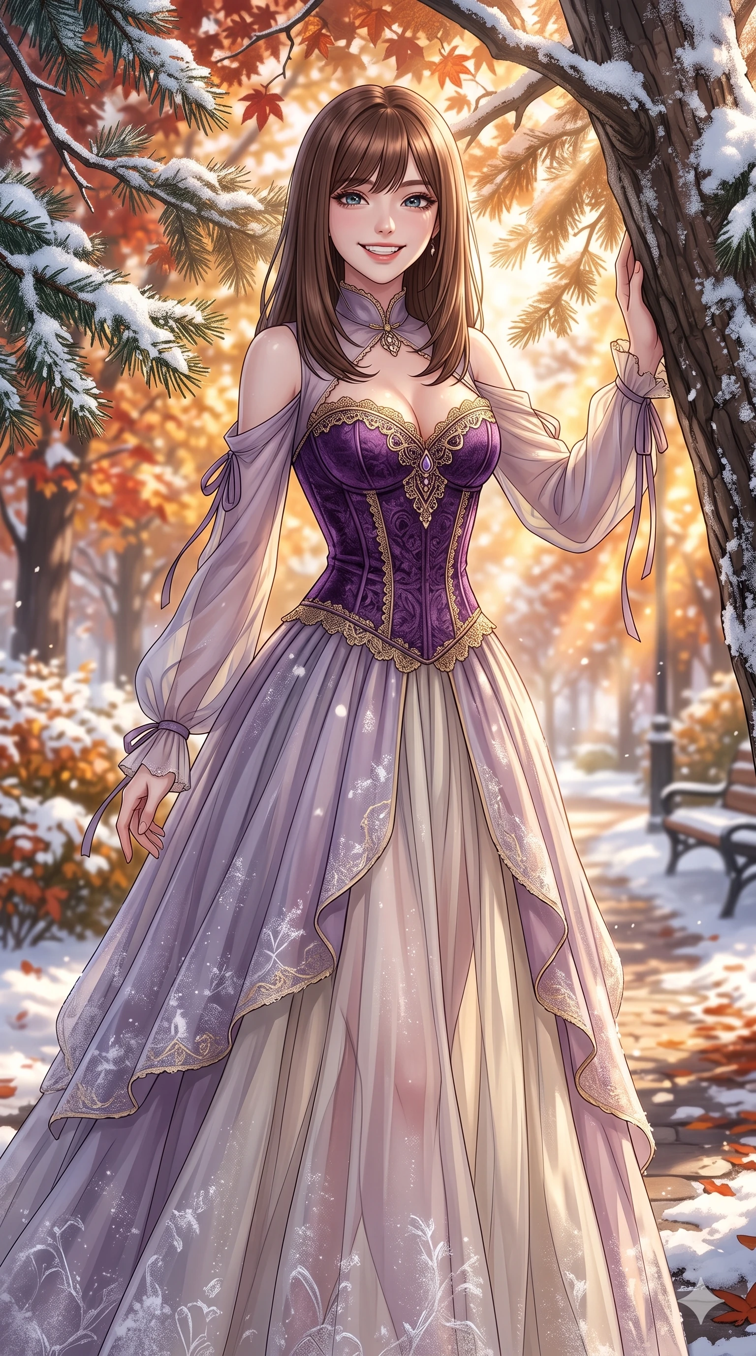 score_9, masterpiece, best quality, ultra-detailed, high-budget anime keyframe, vibrant anime aesthetic, Korean woman. cowboy shot from the thighs up, character and outfit filling the frame for maximum presence. She is posing with a playful, lively winter grin, leaning one hand against a snow pine by an autumn park pathway under direct sunbeams (Code-P21-172). She has an absolutely perfect 8-heads proportion, an exceptionally tall and slender female figure with impossibly long slender legs and an ultra-slim waist. V-shaped jawline, high-bridge nose, intricate jewel-like eyes with depth, thick eyelashes, glossy lips with a natural sheen. wearing a sheer chiffon dress with a purple corset bodice in winter. She is drenched in soft sunbeams filtering through autumn leaves, casting a warm golden glow. 2k, ultra detail, master piece, 9:16 ratio
