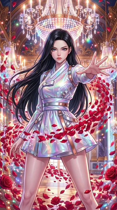 score_9, masterpiece, best quality, ultra-detailed, High-budget Anime Keyframe, beautiful Caucasian anime girl (strictly human ears). Upper body close-up from the thighs up, character filling the screen for maximum presence. Summoning a storm of red 