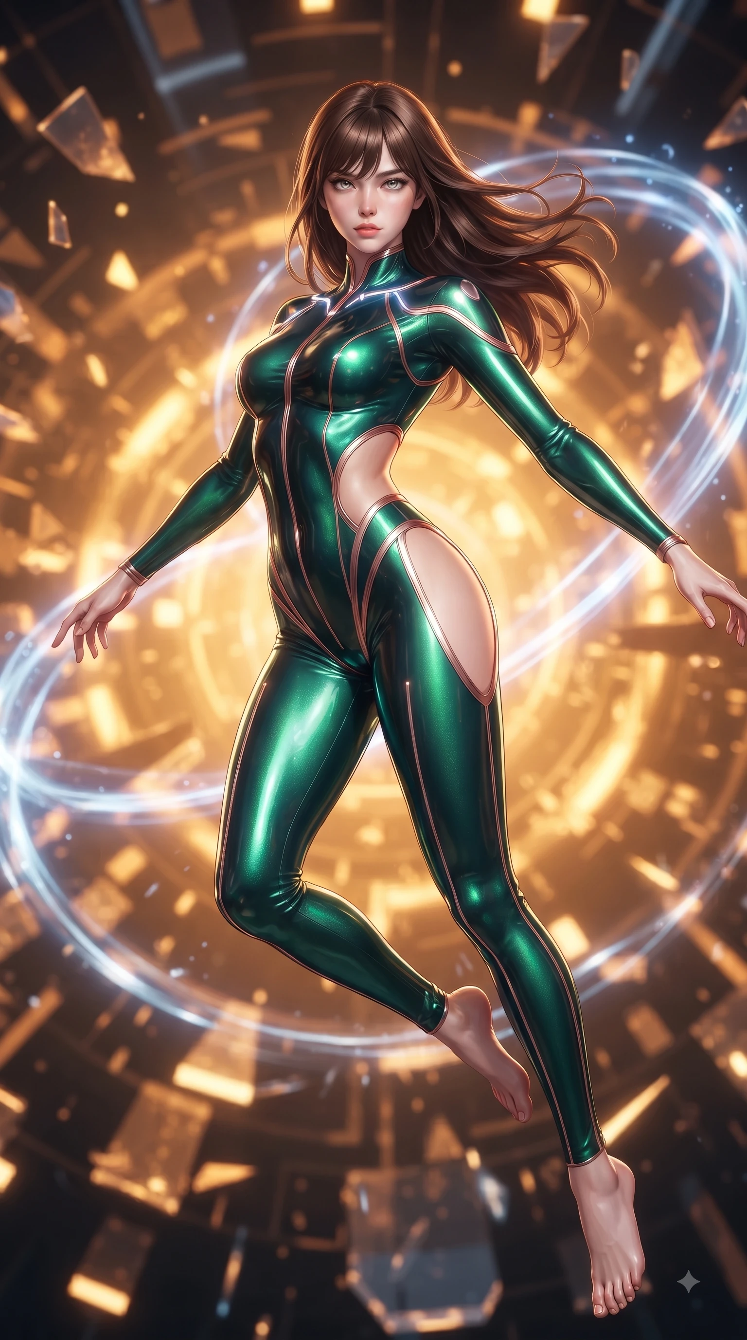 score_9, masterpiece, best quality, ultra-detailed, high-budget anime keyframe, editorial fashion photography, tasteful artistic composition, Korean woman. low angle full-body shot from head to toe showing her feet, filling the entire 9:16 vertical frame with her statuesque presence, stretching her vertical silhouette. performing an alluring mid-air vault with flawless poise, looking directly into the camera with smoldering intensity while levitating dynamically in the center of an anti-gravity quantum core as glowing plasma arcs swirl. The composition keeps background elements in soft focus with creamy bokeh. pulsating plasma rings and floating geometric shards blurred into intense golden-orange bokeh. She has an absolutely perfect, statuesque 8.5-heads proportion, an exceptionally tall and slender model-like female figure with impossibly long slender legs and an ultra-slim waist. sharp v-shaped jawline, high-bridge nose, intricate jewel-like eyes with depth, thick eyelashes, glossy lips with a natural sheen, flawlessly proportioned anatomical accuracy, natural body alignment, perfectly sculpted elegant limbs, clean dynamic posture without body distortion. wearing a skin-tight cybernetic bodysuit with glowing neon seams, deep hip cutouts, and an aerodynamic athletic fit in emerald green and metallic rose gold trim, made of smooth iridescent silk chiffon that shifts colors with movement, accented with glowing fiber-optic seams tracing her collarbones and hip curves, the sleek aerodynamic cut emphasizing her magnetic presence and alluring physical grace. surrounded by a supercharged, high-voltage, and breathtakingly bold sensual aura. ultra-reflective glossy finish, specular highlights, metallic sheen, high-contrast stereoscopic depth, volumetric dynamic lighting, 2k, ultra detail, master piece, 9:16 ratio