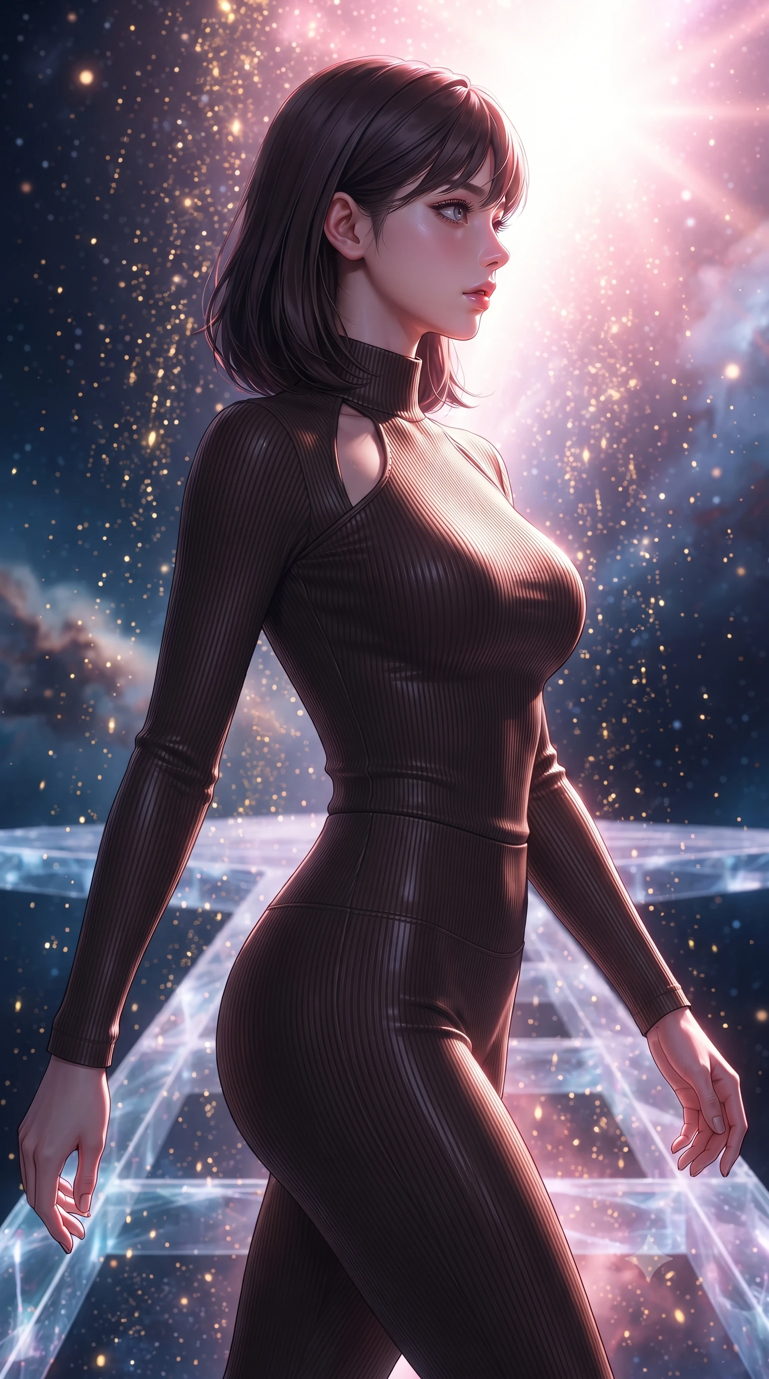 score_9, masterpiece, best quality, ultra-detailed, high-budget anime keyframe, editorial fashion photography, tasteful artistic composition, Korean woman. close-up cowboy shot from the waist and thighs up, the character dominates the composition, filling the frame with her large presence, background elements kept in soft focus. Turning her face in sharp dramatic profile against the bright light, showcasing her sharp v-shaped jawline stepping along a crystalline cosmic bridge in deep space, starlight particles falling like a golden shower around her. She has an exceptionally elegant, slender, and willowy female figure with an ultra-slim waist, a gracefully sculpted slender torso, and a refined silhouette. sharp v-shaped jawline, high-bridge nose, intricate jewel-like eyes with depth, thick eyelashes, glossy lips with a natural sheen. wearing a form-fitting ribbed activewear set in espresso brown with elegant collar cutouts, the tailored fabric tightly following every curve of her athletic build. bathed in radiant cosmic pink and deep navy blue ambient light. ultra-reflective glossy finish, specular highlights, metallic sheen, high-contrast stereoscopic depth, volumetric dynamic lighting, 2k, ultra detail, master piece, 9:16 ratio
