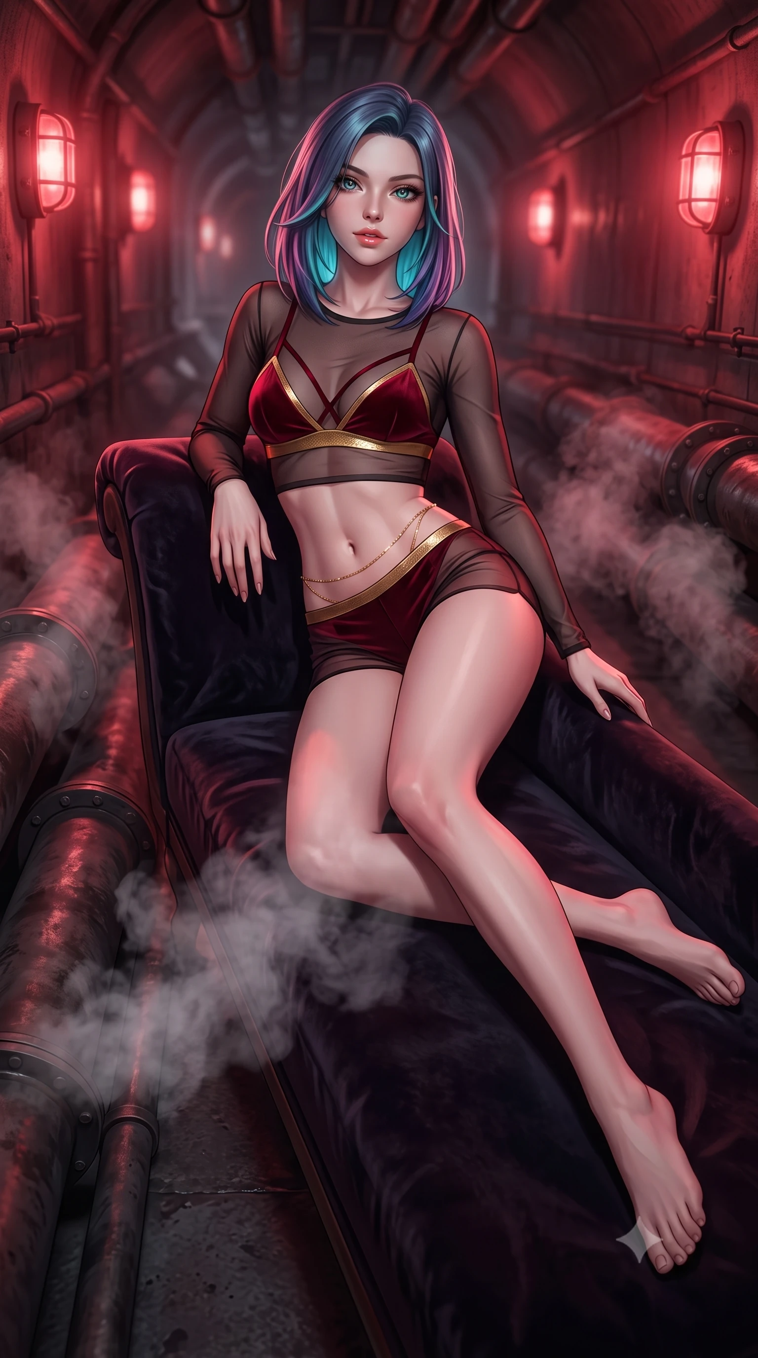 score_9, masterpiece, best quality, ultra-detailed, high-budget anime keyframe, semi-realistic 3D game render, editorial fashion photography, tasteful artistic composition, Caucasian woman. low angle full-body shot from head to toe showing her feet, filling the entire 9:16 vertical frame with her statuesque presence, stretching her vertical silhouette. reclining gracefully across the plush chaise lounge with one leg extended, her sculpted silhouette and flat midriff radiating magnetic nocturnal glamour while twisting her slender torso in an alluring contrapposto stance between heavy conduit pipes, steam billowing around her long slender legs. The background shows a soft-focus distant tunnel vanishing points softened in gritty underground shallow focus. She has an absolutely perfect, statuesque 8.5-heads proportion, an exceptionally tall and slender model-like female figure with impossibly long slender legs, an ultra-slim waist, a flat toned midriff, narrow delicate ribcage, and beautifully sculpted feminine hips creating a graceful, slim hourglass silhouette without any bulky heaviness. sharp v-shaped jawline, high-bridge nose, sparkling eyes with hypnotic seductive depth, thick curled eyelashes, glossy parted lips with a natural dewy peach sheen, alluring bedroom-eyes with an enchanting coquettish smile, exuding magnetic siren charisma and sophisticated glamour, flawlessly proportioned anatomical accuracy, strict slender model proportions, natural body alignment, perfectly sculpted long slender limbs, ultra-slim waistline, clean dynamic posture without body distortion. wearing a delicate sheer mesh long-sleeve crop top layered over an opaque strappy tactical micro-bralette and tight shorts in royal opera house crimson velvet and shimmering gold leaf, made of sheer gossamer chiffon that drapes softly against skin with airy translucence, accented with a dainty gold belly chain resting across her flat midriff and curving hips, the glove-like clinging cut tightly following the natural contour of her hips and long slender legs with youthful 8.5-heads elegance. bathed in rhythmic crimson strobe glow from industrial bulkhead wall fixtures. highly saturated vibrant anime colors, detailed shading with soft gradients, rich glossy textures, high-contrast stereoscopic depth, volumetric dynamic lighting, master piece, 9:16 ratio
