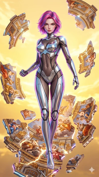 score_9, masterpiece, best quality, ultra-detailed, high-budget anime keyframe, Japanese woman. upper body close-up from the thighs up, character filling the screen for maximum presence. propelling herself off digital baroque ceiling fresco shards th