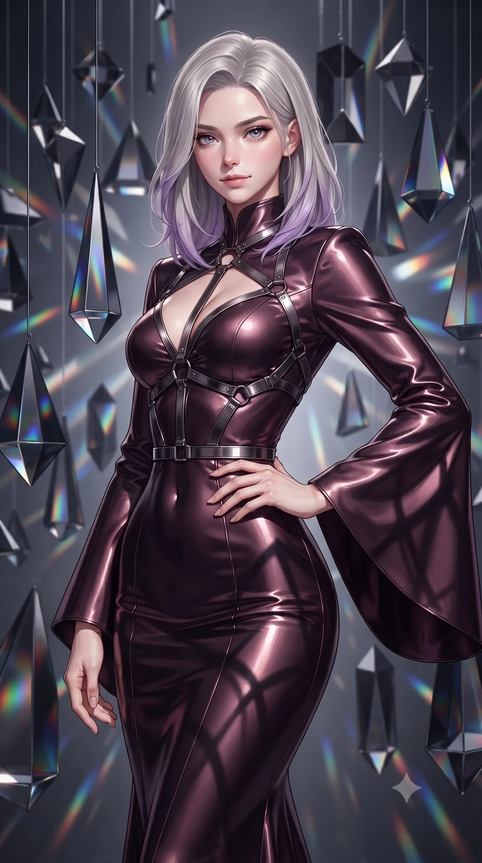 score_9, masterpiece, best quality, ultra-detailed, high-budget anime keyframe, editorial fashion photography, tasteful artistic composition, Caucasian woman. close-up cowboy shot from the waist and thighs up, the character dominates the composition, filling the frame with her large presence, background elements kept in soft focus. Smiling with quiet, magnetic self-assurance directly into the camera, standing surrounded by suspended dark glass prisms refracting sharp laser rays, geometric shadow patterns projected onto her sleek outfit. She has an exceptionally elegant, slender, and willowy female figure with an ultra-slim waist, a gracefully sculpted slender torso, and a refined silhouette. sharp v-shaped jawline, high-bridge nose, intricate jewel-like eyes with depth, thick eyelashes, glossy lips with a natural sheen. wearing gothic high-collar dark plum silk evening gown with long bell sleeves in dark mahogany, made of soft dark satin, highlighted by a gunmetal metallic harness structure, the fitted fabric emphasizing her ultra-slim waist. lit by a single piercing key ray refracting into multi-color dark spectrums. ultra-reflective glossy finish, specular highlights, metallic sheen, high-contrast stereoscopic depth, volumetric dynamic lighting, 2k, ultra detail, master piece, 9:16 ratio