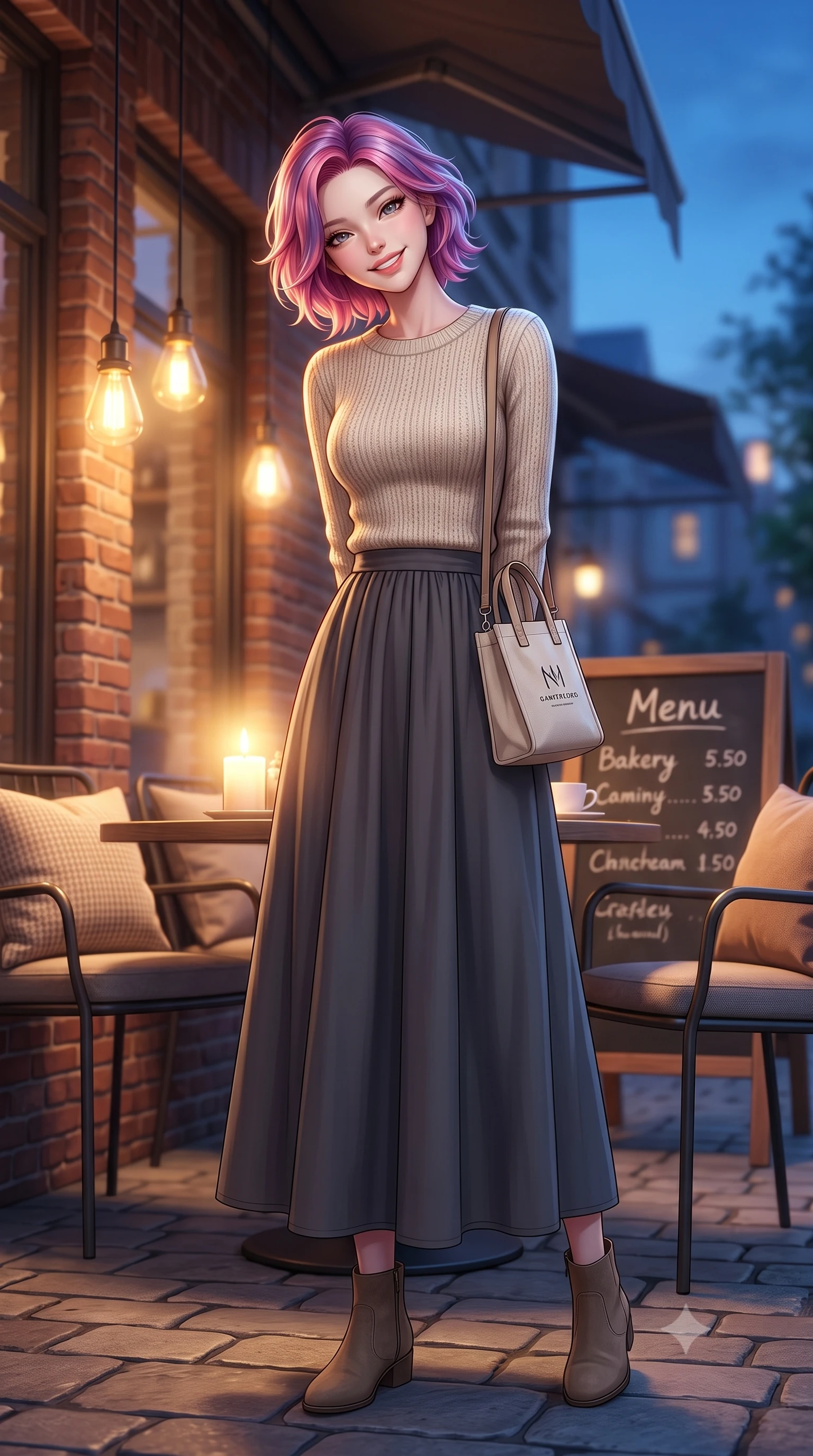score_9, masterpiece, best quality, ultra-detailed, high-budget anime keyframe, editorial fashion photography, tasteful artistic composition, Caucasian woman. low angle full-body shot from head to toe showing her feet, filling the entire 9:16 vertical frame with her statuesque presence, stretching her vertical silhouette. standing with a cute, bright pose, tilting her head with a beaming smile set against a soft-focus background of at a cozy outdoor terrace table of a brick-walled bakery cafe with a handwritten menu board and cozy cushions on the chairs. She has an absolutely perfect, statuesque 8.5-heads proportion, an exceptionally tall and slender model-like female figure with impossibly long slender legs and an ultra-slim waist. sharp v-shaped jawline, high-bridge nose, intricate jewel-like eyes with depth, thick eyelashes, glossy lips with a natural sheen. wearing body-hugging cozy oatmeal knit sweater paired with a long cotton skirt and a small canvas tote bag. soft candle glow and warm pendant lights clashing with the cool blue dusk sky. highly saturated vibrant anime colors, detailed shading with soft gradients, rich glossy textures, high-contrast stereoscopic depth, volumetric dynamic lighting, master piece, 9:16 ratio