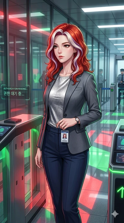 score_9, masterpiece, best quality, ultra-detailed, high-budget anime keyframe, Caucasian woman, strictly human ears. Upper body close-up from the thighs up, character filling the screen for maximum presence. Standing in a glass corridor next to a se