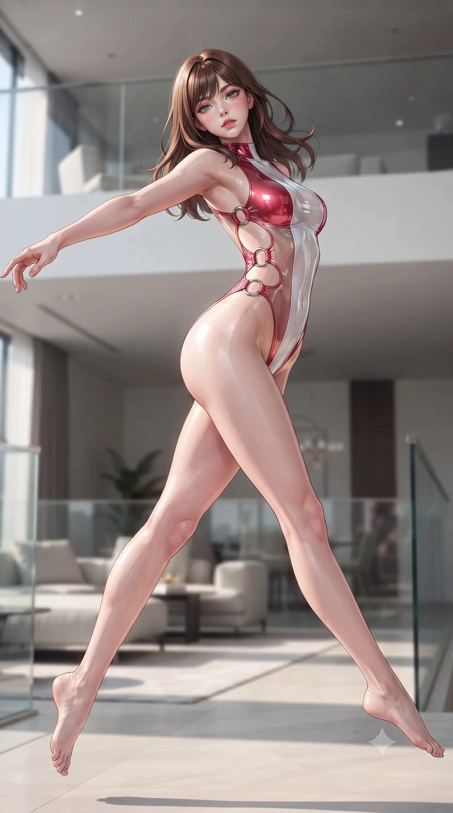 score_9, masterpiece, best quality, ultra-detailed, high-budget anime keyframe, editorial fashion photography, tasteful artistic composition, Korean woman. low angle full-body shot from head to toe showing her feet, filling the entire 9:16 vertical frame with her statuesque presence, stretching her vertical silhouette. leaping through mid-air with an athletic yet alluring arch of her spine, her impossibly long slender legs stretched in flawless poise while stretching her long slender legs along a low white leather lounger as natural daylight floods the interior. The composition keeps background elements in soft focus with creamy bokeh. minimalist designer furnishings and glass railings softened by luminous shallow depth of field. She has an absolutely perfect, statuesque 8.5-heads proportion, an exceptionally tall and slender model-like female figure with impossibly long slender legs, a toned flat midriff, and an ultra-slim waist. sharp v-shaped jawline, high-bridge nose, intricate jewel-like eyes with depth, thick eyelashes, glossy lips with a natural sheen, flawlessly proportioned anatomical accuracy, strict slender model proportions, natural body alignment, perfectly sculpted long slender limbs, ultra-slim waistline, clean dynamic posture without body distortion. wearing a high-cut translucent vinyl leotard with front paneling, exposed side-rib cutouts, and an open back in radiant crimson silk and crisp snow white, crafted from ultra-reflective second-skin latex with a high-gloss glass-like polish, detailed with polished silver rings connecting the daring side-waist cutouts, the liquid-tight tailored fabric emphasizing every curve of her tall, slender model proportions and sculptured silhouette during dynamic movement. surrounded by a hyper-clean, sophisticated, and ultra-chic luxury editorial aura. ultra-reflective glossy finish, specular highlights, metallic sheen, high-contrast stereoscopic depth, volumetric dynamic lighting, 2k, ultra detail, master piece, 9:16 ratio