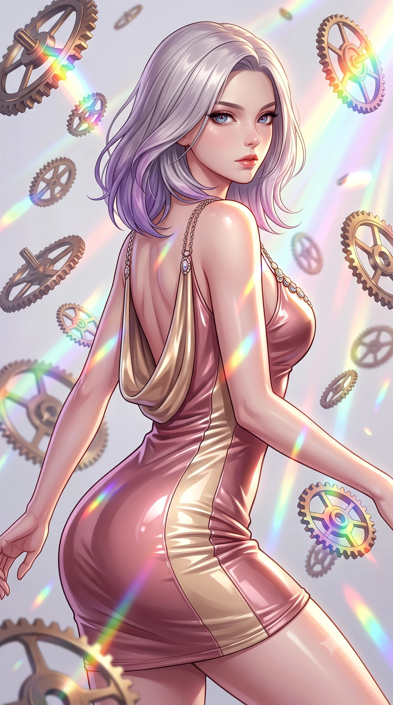score_9, masterpiece, best quality, ultra-detailed, high-budget anime keyframe, editorial fashion photography, tasteful artistic composition, Caucasian woman. close-up cowboy shot from the waist and thighs up, the character dominates the composition, filling the frame with her large presence, background elements kept in soft focus. Gazing past the lens with composed intensity as her torso curves dynamically in mid-motion while forging forward through a blizzard of floating analog clockwork parts in mid-air, floating prism gears scattering brilliant rainbow light beams across her statuesque build. She has an exceptionally elegant, slender, and willowy female figure with an ultra-slim waist, a gracefully sculpted slender torso, and a refined silhouette. sharp v-shaped jawline, high-bridge nose, intricate jewel-like eyes with depth, thick eyelashes, glossy lips with a natural sheen, flawlessly proportioned anatomical accuracy, natural body alignment, perfectly sculpted elegant limbs, clean dynamic posture without body distortion. wearing a precision-fitted liquid jersey bodycon dress with a graceful draped back in dusty rose and champagne gold, tailored from high-gloss patent leather, adorned with delicate metallic chain straps along the neckline, the form-contouring material highlighting her ultra-slim waist and long lines. illuminated by cascading rainbow prismatic rays and rich metallic rim highlights. highly saturated vibrant anime colors, detailed shading with soft gradients, rich glossy textures, high-contrast stereoscopic depth, volumetric dynamic lighting, master piece, 9:16 ratio