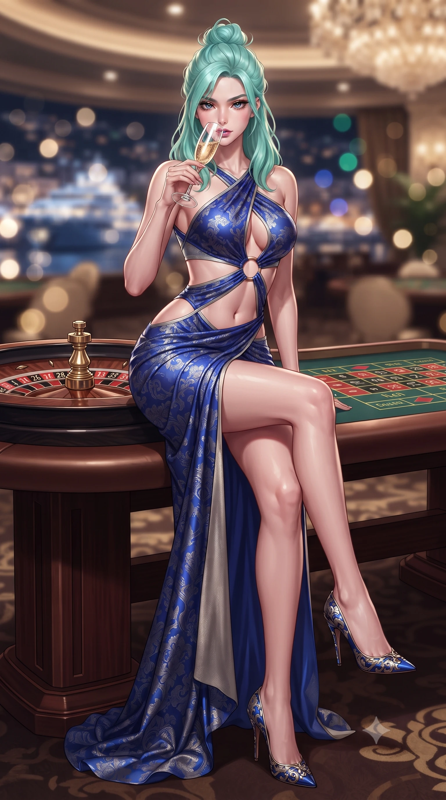 score_9, masterpiece, best quality, ultra-detailed, high-budget anime keyframe, editorial fashion photography, tasteful artistic composition, Japanese woman. low angle full-body shot from head to toe showing her feet, filling the entire 9:16 vertical frame with her statuesque presence, stretching her vertical silhouette. sitting perched on the elevated edge with hips angled toward the camera and legs crossed, displaying her toned midriff and flawlessly sculpted slender limbs while perching on the rim of a luxury mahogany roulette table with legs crossed, arching her lower back while holding a crystal champagne flute to her lips. The composition keeps background elements in soft focus with creamy bokeh. glittering Monaco harbor superyacht lights and casino chandeliers blurred into champagne-gold, emerald, and sapphire bokeh. She has an absolutely perfect, statuesque 8.5-heads proportion, an exceptionally tall and slender model-like female figure with impossibly long slender legs, a toned flat midriff, an ultra-slim waist, and beautifully sculpted feminine hips. sharp v-shaped jawline, high-bridge nose, intricate jewel-like eyes with depth, thick eyelashes, glossy parted lips with a natural sheen, intensely captivating and seductive bedroom-eyes expression, flawlessly proportioned anatomical accuracy, strict slender model proportions, natural body alignment, perfectly sculpted long slender limbs, ultra-slim waistline, clean dynamic posture without body distortion. wearing a daring cutout silk chiffon gown with an exposed midriff ring and a draped hip-hugging sarong skirt in royal sapphire blue and brushed platinum, made of rich textured floral silk jacquard with subtle gold thread, finished with criss-cross back satin straps highlighting her graceful shoulder blades, the second-skin form-contouring cut accentuating her sculpted flat midriff, narrow waistline, and dramatically curvy hips without adding bulk. surrounded by an elite, intoxicating, and irresistibly glamorous Monte Carlo heiress aura. ultra-reflective glossy finish, specular highlights, rich textural contrasts, high-contrast stereoscopic depth, volumetric dynamic lighting, 2k, ultra detail, master piece, 9:16 ratio
