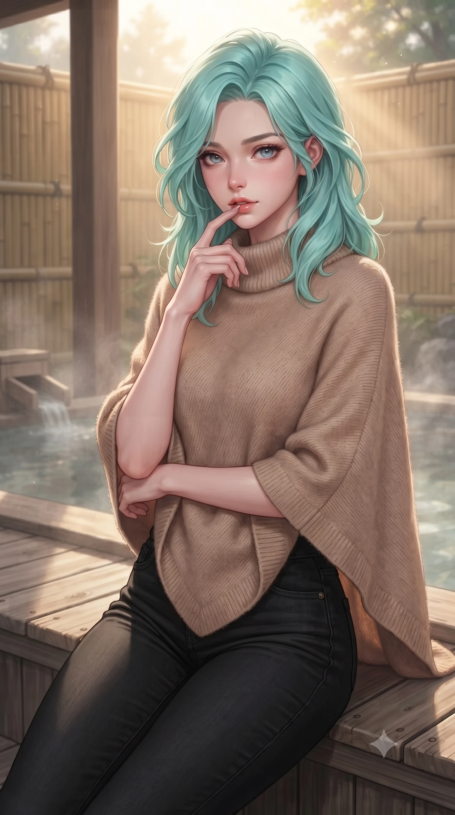 score_9, masterpiece, best quality, ultra-detailed, high-budget anime keyframe, editorial fashion photography, tasteful artistic composition, Japanese woman woman. close-up cowboy shot from the waist and thighs up, the character dominates the composition, filling the frame with her large presence, background elements kept in soft focus. pressing one finger to her bottom lip in a thoughtful, seductive gesture under the warm sun the background shows a soft-focus a wooden deck of a private hot spring (onsen) with cedar wood partitions and bamboo fences. She has an exceptionally elegant, slender, and willowy female figure with an ultra-slim waist, a gracefully sculpted slender torso, and a refined silhouette. sharp v-shaped jawline, high-bridge nose, intricate jewel-like eyes with depth, thick eyelashes, glossy lips with a natural sheen. wearing a tailored stylish light brown knit poncho over black skinny jeans. soft morning mist diffusing the warm sunbeams, creating a tranquil atmosphere. ultra-reflective glossy finish, specular highlights, metallic sheen, high-contrast stereoscopic depth, volumetric dynamic lighting, 2k, ultra detail, master piece, 9:16 ratio