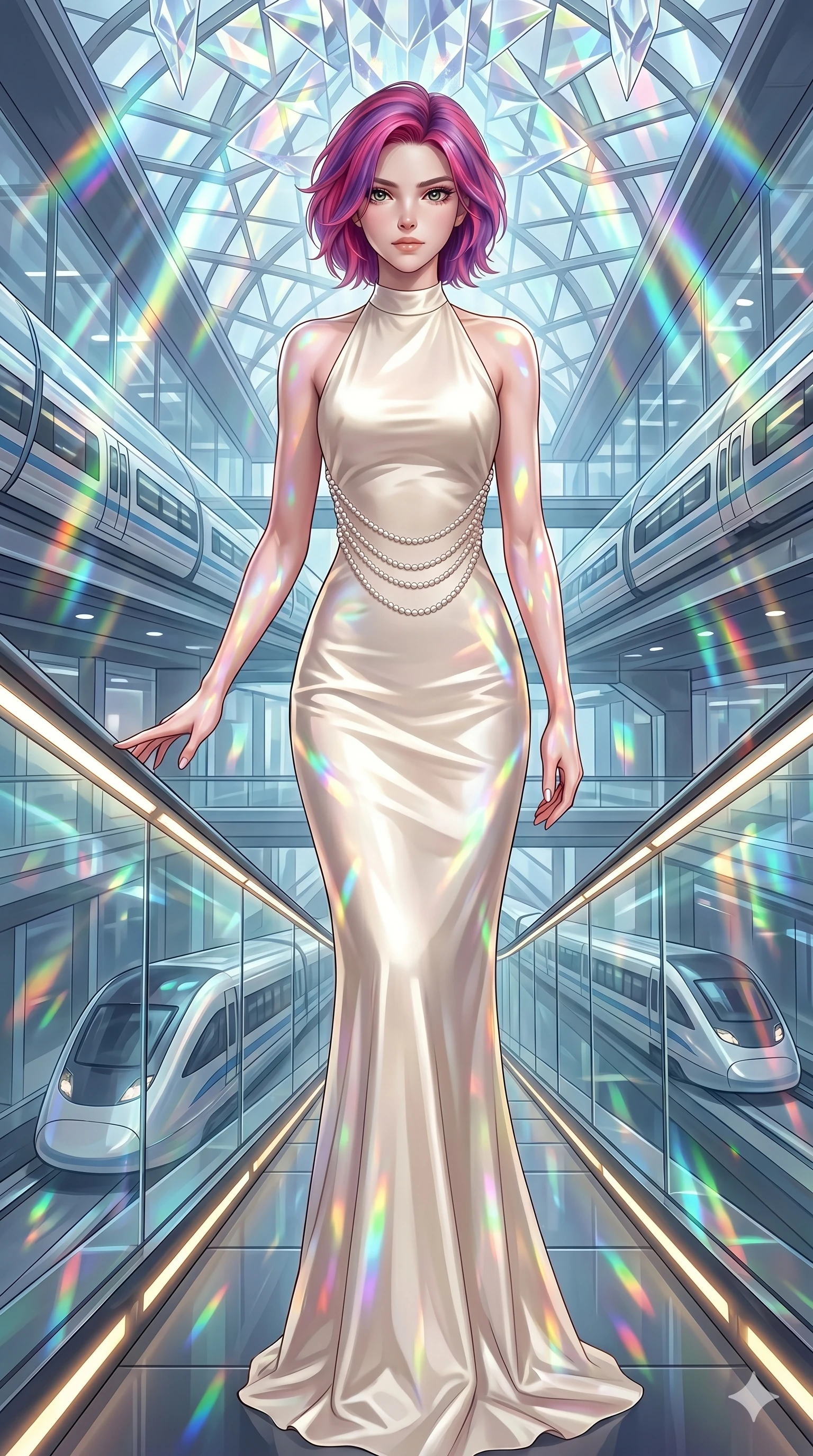 score_9, masterpiece, best quality, ultra-detailed, high-budget anime keyframe, editorial fashion photography, tasteful artistic composition, Caucasian woman, strictly human ears. low angle full-body shot from head to toe showing her feet, filling the entire 9:16 vertical frame with her statuesque presence, stretching her vertical silhouette. Descending like royalty with one hand trailing behind her inside a futuristic train station with glass-walled tubes containing magnetic trains. She has an absolutely perfect 8-heads proportion, an exceptionally tall and slender female figure with impossibly long slender legs and an ultra-slim waist. V-shaped jawline, high-bridge nose, intricate jewel-like eyes with depth, thick eyelashes, glossy lips with a natural sheen. wearing an ivory silk satin gown with a halter neckline and delicate rows of pearls draping across her open back, falling into a column skirt. illuminated by cascading rainbow prismatic light refracting through crystal overhead and casting patterns on her skin. 2k, ultra detail, master piece, 9:16 ratio
