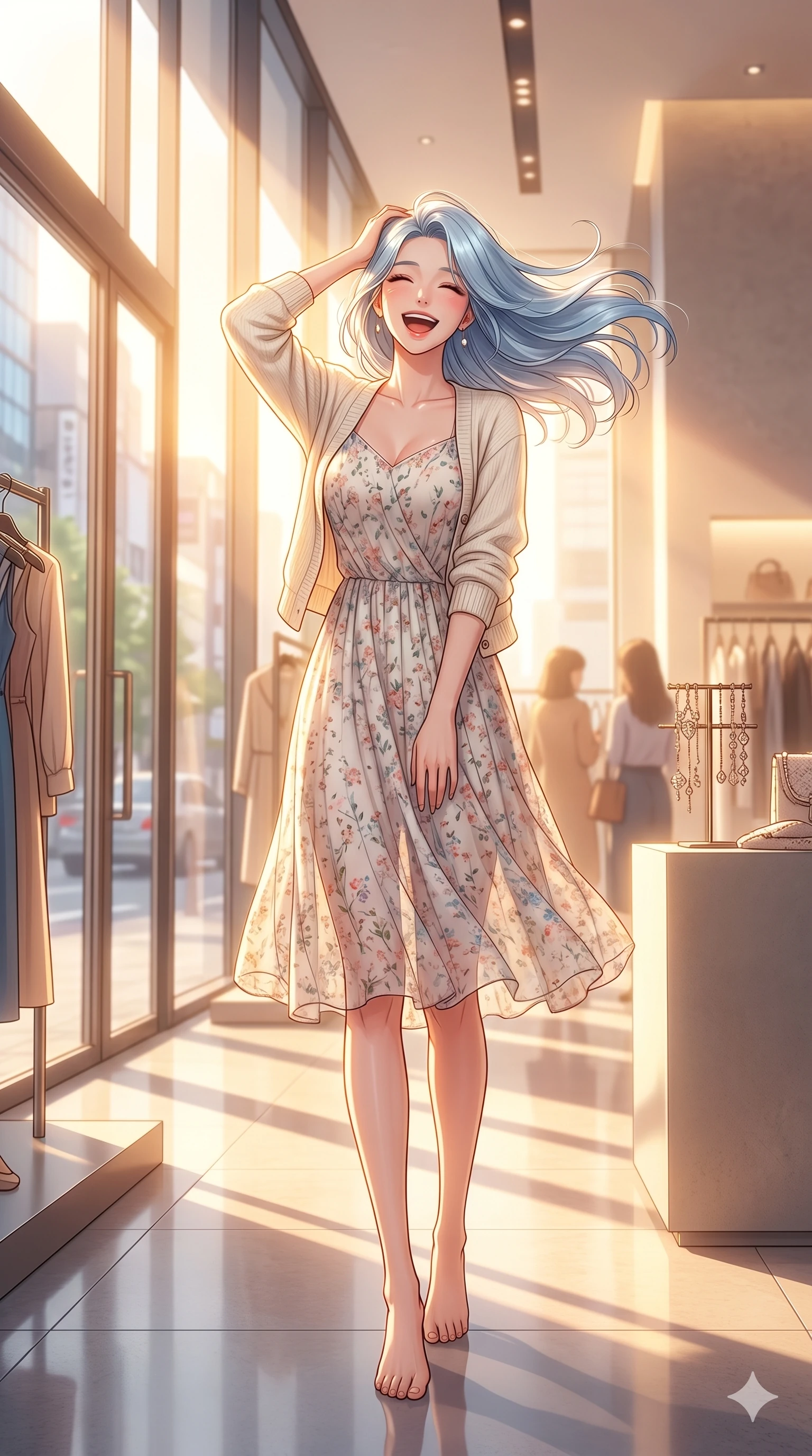 score_9, masterpiece, best quality, ultra-detailed, high-budget anime keyframe, vibrant anime aesthetic, Korean woman. low angle full-body shot from head to toe showing her feet, filling the entire 9:16 vertical frame with her statuesque presence, stretching her vertical silhouette. She is laughing cheerfully while tossing her hair, her eyes glowing with happiness standing in a modern high-fashion boutique with large glass windows letting in golden sunlight (Code-P20-003). She has an absolutely perfect 8-heads proportion, an exceptionally tall and slender female figure with impossibly long slender legs and an ultra-slim waist. V-shaped jawline, high-bridge nose, intricate jewel-like eyes with depth, thick eyelashes, glossy lips with a natural sheen. wearing a floral print chiffon midi dress with a cream-colored knit cardigan. She is bathed in soft, radiant golden hour sun casting long, elegant shadows around her. 2k, ultra detail, master piece, 9:16 ratio