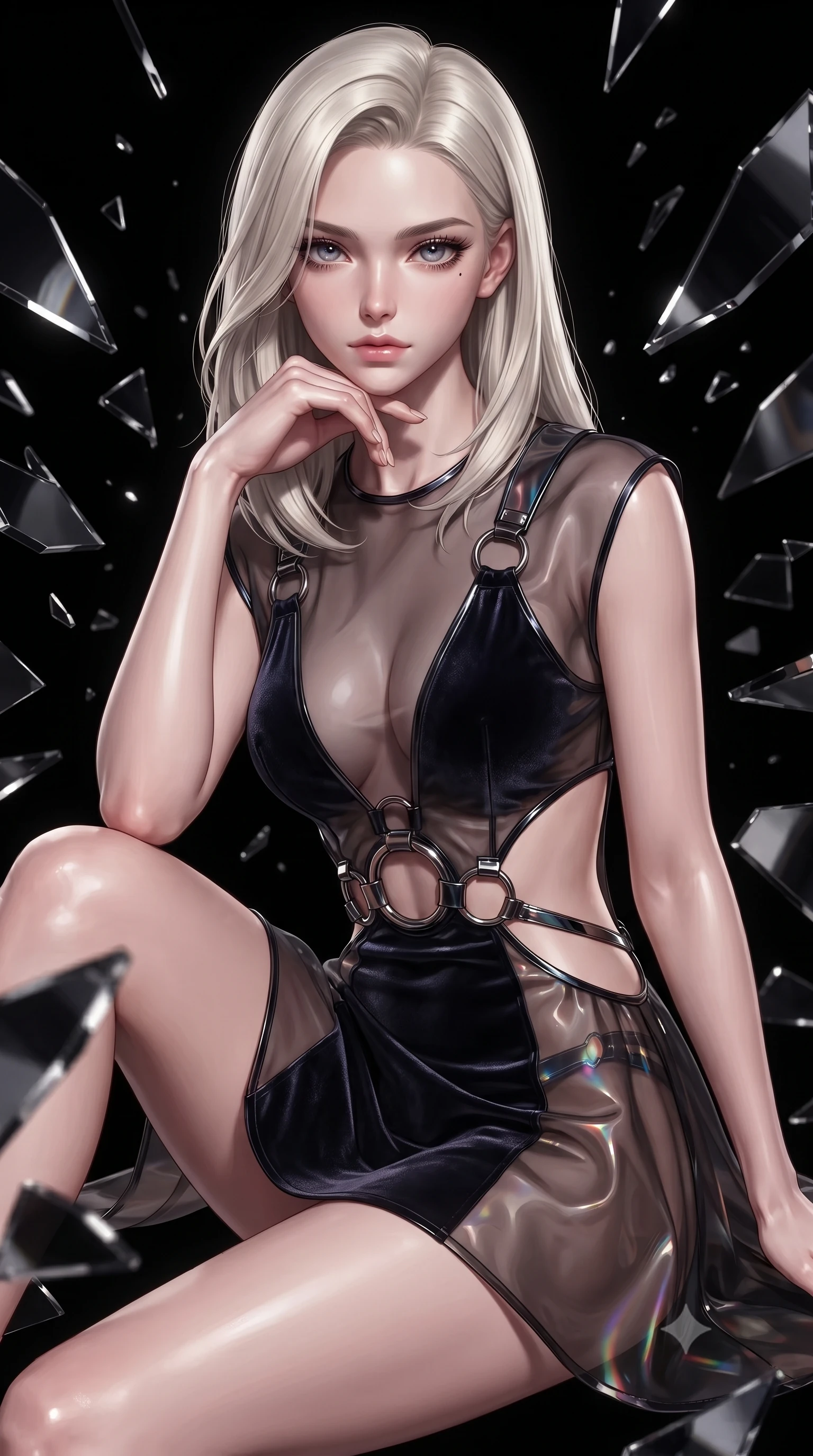score_9, masterpiece, best quality, ultra-detailed, high-budget anime keyframe, editorial fashion photography, tasteful artistic composition, Caucasian woman. close-up cowboy shot from the waist and thighs up, the character dominates the composition, filling the frame with her large presence, background elements kept in soft focus. Resting her chin on the backs of her fingers with an air of effortless superiority, resting amidst a blizzard of floating dark mirror shards in a pitch-black void, high-contrast black-and-silver reflections dancing across mirror surfaces. She has an exceptionally elegant, slender, and willowy female figure with an ultra-slim waist, a gracefully sculpted slender torso, and a refined silhouette. sharp v-shaped jawline, high-bridge nose, intricate jewel-like eyes with depth, thick eyelashes, glossy lips with a natural sheen. wearing dramatic open-waist cutout mini dress in dark velvet framed by chrome hardware in metallic dark silver, made of sheer dark organza overlay, trimmed with dark chrome ring hardware along the waist contours, accentuating her gracefully sculpted slender torso. lit by a single piercing key ray refracting into multi-color dark spectrums. ultra-reflective glossy finish, specular highlights, metallic sheen, high-contrast stereoscopic depth, volumetric dynamic lighting, 2k, ultra detail, master piece, 9:16 ratio