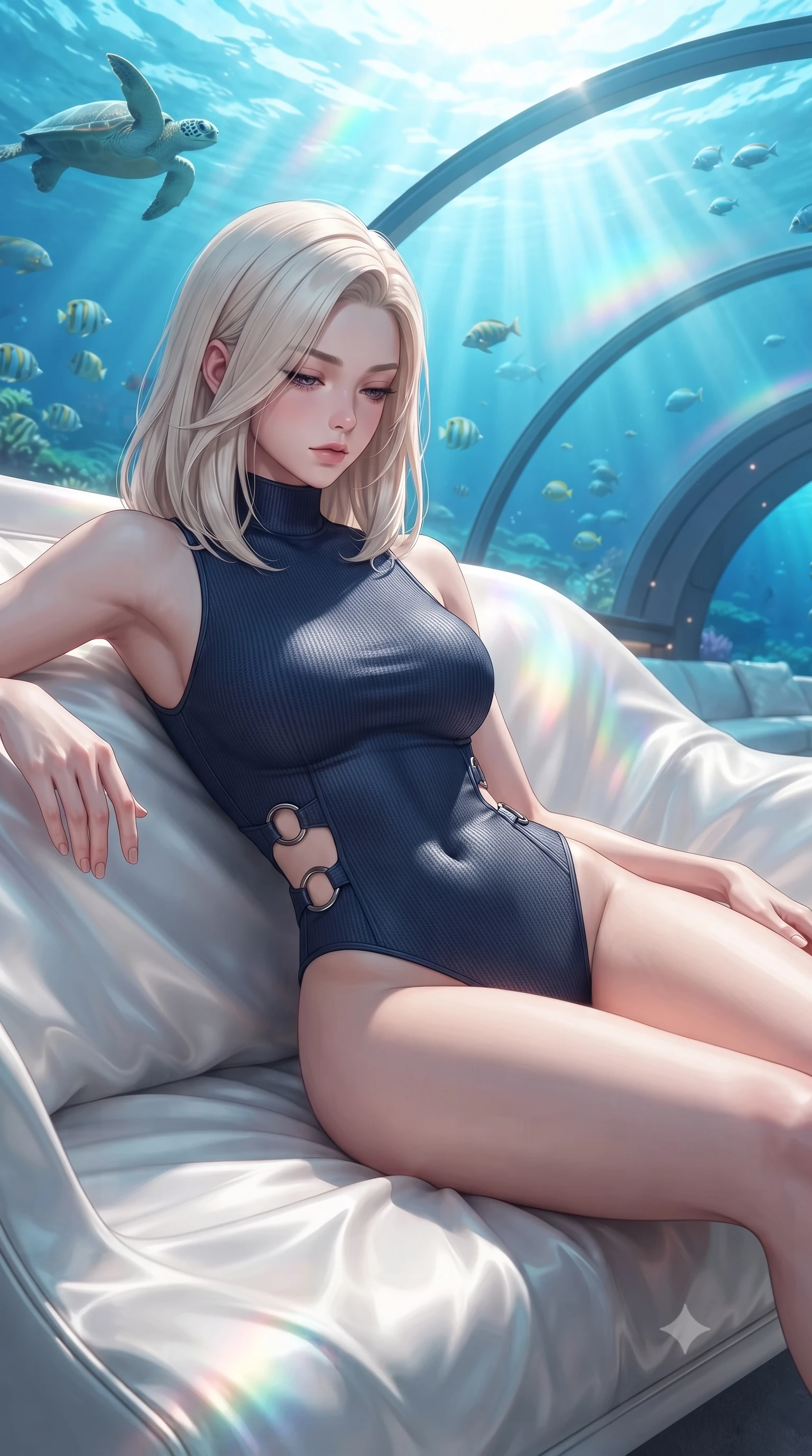 score_9, masterpiece, best quality, ultra-detailed, high-budget anime keyframe, editorial fashion photography, tasteful artistic composition, Caucasian woman. close-up cowboy shot from the waist and thighs up, the character dominates the composition, filling the frame with her large presence, background elements kept in soft focus. Looking down with lowered lashes and a composed, powerful dark aura, lounging on a white silk daybed as sea turtles and tropical fish swim overhead, glass ceiling reflecting bright ocean light in soft-focus pastel spectrums. She has an exceptionally elegant, slender, and willowy female figure with an ultra-slim waist, a gracefully sculpted slender torso, and a refined silhouette. sharp v-shaped jawline, high-bridge nose, intricate jewel-like eyes with depth, thick eyelashes, glossy lips with a natural sheen. wearing sleek high-neck ribbed activewear bodysuit in matte black in midnight navy blue, made of matte carbon-fiber weave, trimmed with dark chrome ring hardware along the waist contours, highlighting her statuesque proportions and ultra-slim waistline. lit by clear sunbeams penetrating ocean depths with soft shadows. highly saturated vibrant anime colors, detailed shading with soft gradients, rich glossy textures, high-contrast stereoscopic depth, volumetric dynamic lighting, master piece, 9:16 ratio