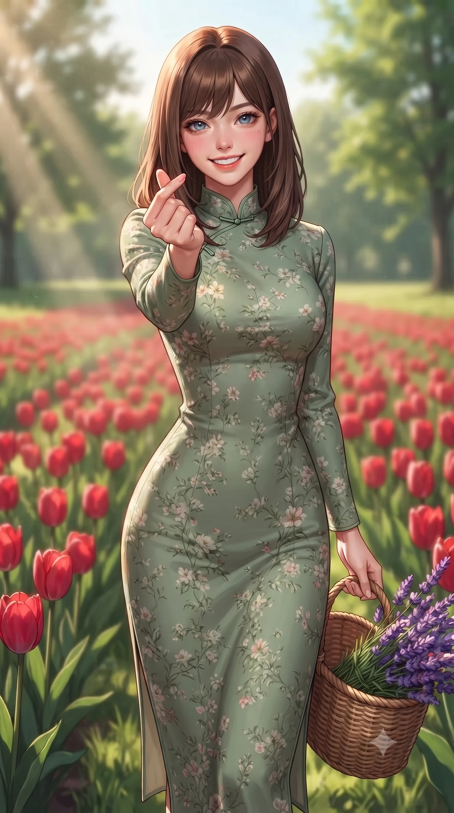 score_9, masterpiece, best quality, ultra-detailed, high-budget anime keyframe, editorial fashion photography, tasteful artistic composition, Korean woman. close-up cowboy shot from the waist and thighs up, the character dominates the composition, filling the frame with her large presence, background elements kept in soft focus. flashing a bright, sunny grin, holding her fingers in a cute small heart shape set against a soft-focus background of in a bright field of red tulips stretching to the horizon carrying a woven basket filled with freshly picked lavender stems. She has an exceptionally elegant, slender, and willowy female figure with an ultra-slim waist, a gracefully sculpted slender torso, and a refined silhouette. sharp v-shaped jawline, high-bridge nose, intricate jewel-like eyes with depth, thick eyelashes, glossy lips with a natural sheen. wearing slim-fit lovely floral print midi dress in sage green, featuring a high collar and long sleeves. volumetric sunbeams slicing through tree edges onto the grassy meadow. highly saturated vibrant anime colors, detailed shading with soft gradients, rich glossy textures, high-contrast stereoscopic depth, volumetric dynamic lighting, master piece, 9:16 ratio