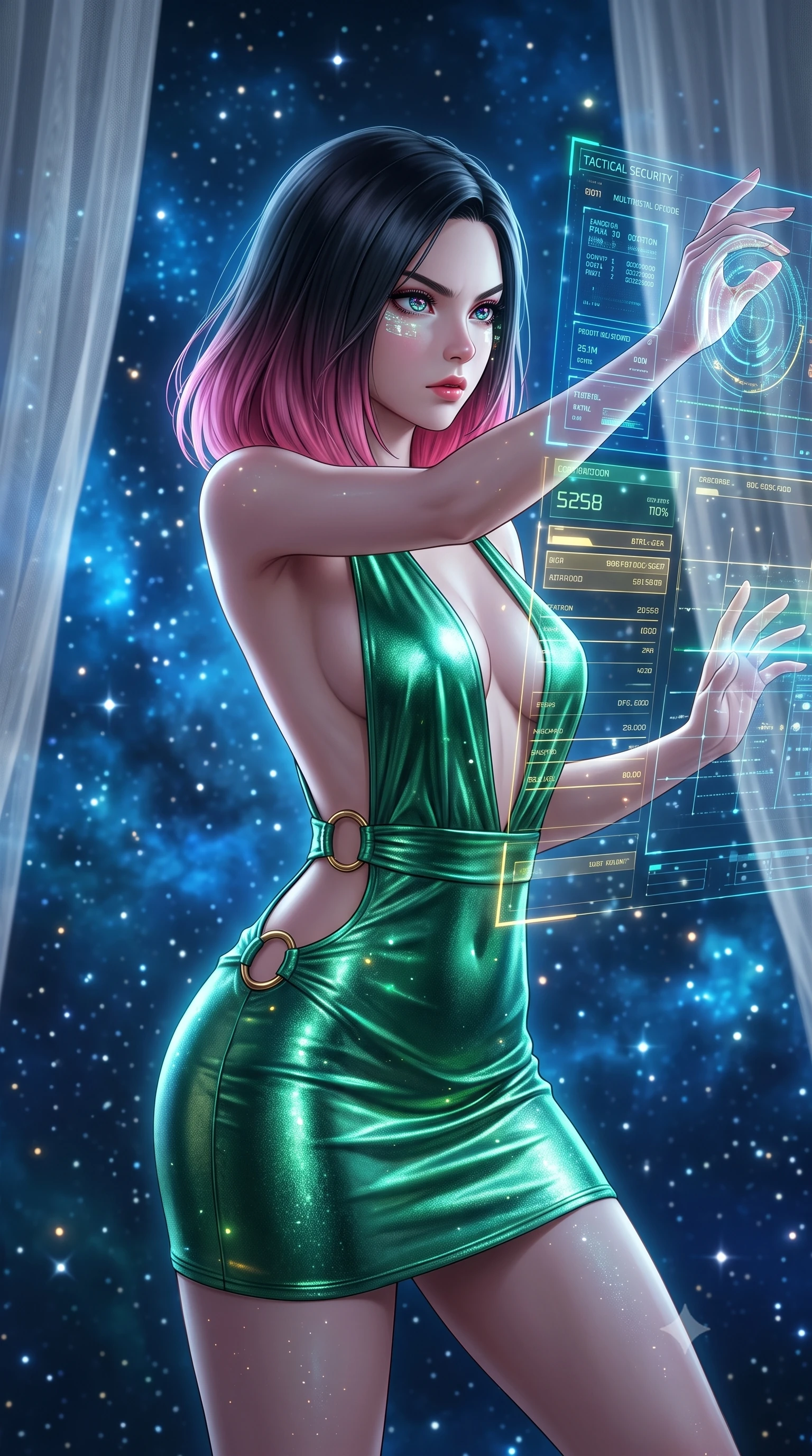 score_9, masterpiece, best quality, ultra-detailed, high-budget anime keyframe, editorial fashion photography, tasteful artistic composition, Korean woman. close-up cowboy shot from the waist and thighs up, the character dominates the composition, filling the frame with her large presence, background elements kept in soft focus. Scanning the digital tactical security grid with a fierce focused gaze, hologram overlays reflecting in her eyes. set against a soft-focus background of floating in open space surrounded by deep blue stellar gas clouds and countless sparkling newborn stars. She has an exceptionally elegant and slender, willowy female figure with an ultra-slim waist, a gracefully sculpted slender torso, and a refined slim physique. sharp v-shaped jawline, high-bridge nose, intricate jewel-like eyes with depth, thick eyelashes, glossy lips with a natural sheen. wearing catching and diffusing the glowing particles, shimmering softly in response to the surrounding light, a slim-fit backless halter mini dress in metallic emerald green, featuring a plunging neckline and gold rings at the waist. highly saturated vibrant anime colors, intense vivid color palette, soft 3D volumetric shading, volumetric dynamic lighting, cold silver moonlight filtered through translucent gossamer curtains casting delicate shadows. 2k, ultra detail, master piece, 9:16 ratio