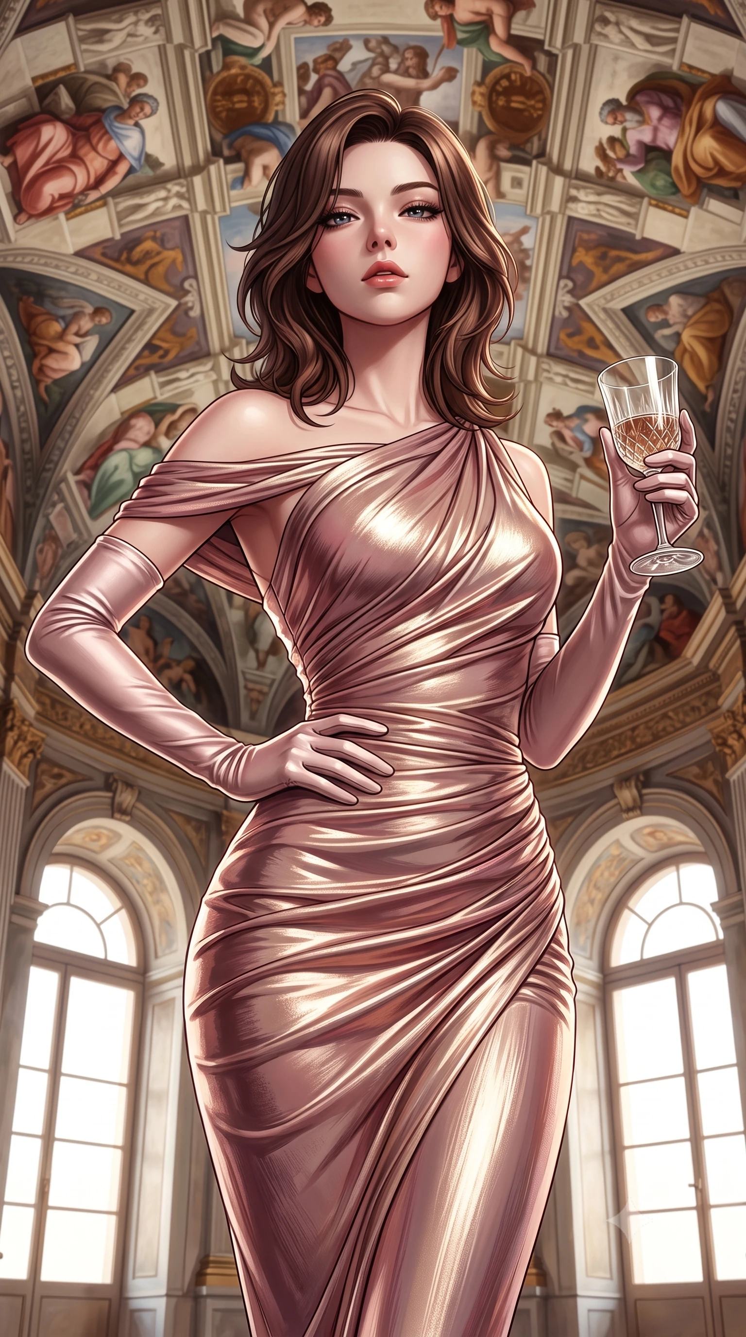score_9, masterpiece, best quality, ultra-detailed, high-budget anime keyframe, semi-realistic 3D game render, editorial fashion photography, tasteful artistic composition, Korean woman. close-up cowboy shot from the waist and thighs up, the character dominates the composition, filling the frame with her large presence. tilting her chin up with proud, sovereign allure while gazing through thick eyelashes, one hand resting on her waist in pure supermodel charisma while standing poised beneath soaring Renaissance frescoed ceilings, twisting her slender torso in an alluring contrapposto stance. The surrounding environment is rendered in vivid detail and crisp panoramic clarity. detailed silk dress drape folds, artist palette knife details, and window light gradients in high resolution. She has an exceptionally elegant, slender, and willowy female figure with an ultra-slim waist, flat toned midriff, narrow ribcage, and sculpted feminine hips creating an alluring, slim hourglass silhouette without bulk. sharp v-shaped jawline, high-bridge nose, intricate jewel-like eyes with depth, thick eyelashes, glossy parted lips with a natural sheen, intensely captivating and seductive bedroom-eyes expression, flawlessly proportioned anatomical accuracy, strict slender model proportions, natural body alignment, perfectly sculpted long slender limbs, ultra-slim waistline, clean dynamic posture without body distortion. wearing a form-contouring cocktail dress with an asymmetrical open shoulder and hip-defining ruching in dusky blush rose and champagne shimmer, crafted from luxurious metallic lamé that shifts radiance with every step, accessorized with opera-length satin gloves and a vintage crystal glass, the glove-like aerodynamic silhouette tightly following the natural contour of her hips and long slender legs with statuesque 8.5-heads elegance. illuminated by crisp sculptural key lighting carving her narrow waist, curved hips, and statuesque limbs. highly saturated vibrant anime colors, detailed shading with soft gradients, rich glossy textures, high-contrast stereoscopic depth, volumetric dynamic lighting, master piece, 9:16 ratio