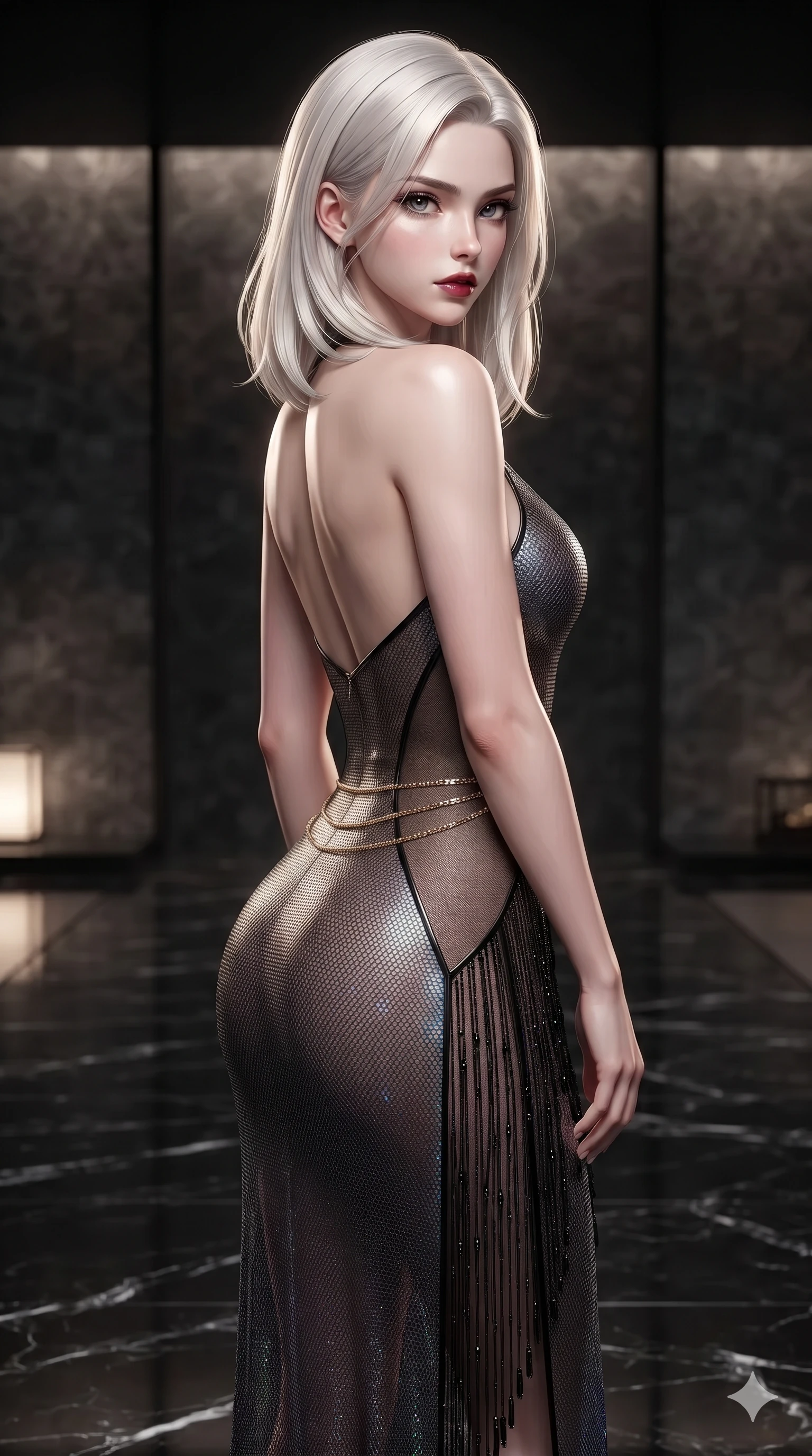score_9, masterpiece, best quality, ultra-detailed, high-budget anime keyframe, editorial fashion photography, tasteful artistic composition, Caucasian woman. close-up cowboy shot from the waist and thighs up, the character dominates the composition, filling the frame with her large presence. posing in an alluring rear three-quarter angle, turning over a bare shoulder with an intoxicating, smoldering gaze, her hips cocked back to highlight her slim hourglass curve while standing in a tall, confident posture on the mirror-polished black marble floor, stretching her statuesque body with supermodel poise. The surrounding environment is rendered in vivid detail and crisp panoramic clarity: detailed asymmetric metallic gown tailoring, sheer mesh side panels, and Japanese minimalist design in razor-sharp precision. She has an exceptionally elegant, slender, and willowy female figure with an ultra-slim waist, flat toned midriff, narrow ribcage, and sculpted feminine hips creating an alluring, slim hourglass silhouette without bulk. sharp v-shaped jawline, high-bridge nose, intricate jewel-like dark sparkling eyes with dangerous depth, thick curled eyelashes, glossy parted lips with a rich wine sheen, smoldering seductive half-smile with bedroom-eyes, exuding effortless superiority and intoxicating dark allure, flawlessly proportioned anatomical accuracy, strict slender model proportions, natural body alignment, perfectly sculpted long slender limbs, ultra-slim waistline, clean dynamic posture without body distortion. wearing a translucent iridescent mesh swim crop top paired with high-cut string bikini bottoms and gold waist chains in pure obsidian monochrome with subtle metallic sheen, made of delicate semi-sheer nanotech mesh with airy hexagonal open-weaves, accented with fine jet-black beaded tassels that sway with each movement, the precision-cut side openings and low-back scoop framing her graceful spine and the sensual sweep of her slim, toned hips. illuminated by mirror-polished marble floor bounce and sharp silver-topaz rim lights defining her razor-sharp jawline, narrow waist, and curvy hips. ultra-reflective glossy finish, specular highlights, rich textural contrasts, high-contrast stereoscopic depth, volumetric dynamic lighting, 2k, ultra detail, master piece, 9:16 ratio